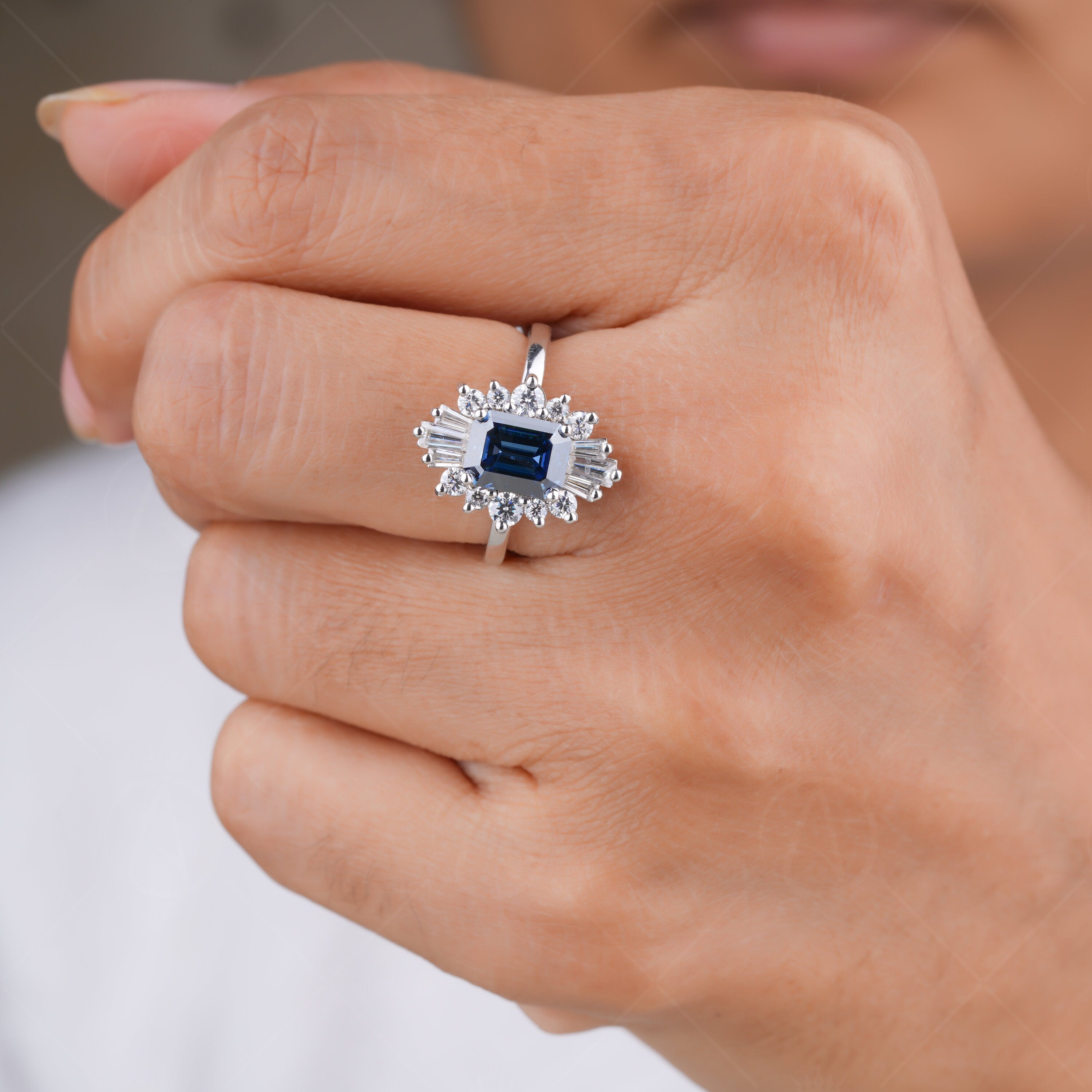 Blue Emerald Cut Moissanite Halo Engagement Ring, Art Deco Starburst Ring For Women, Unique Gatsby Inspired Ring, Promise Ring For Her