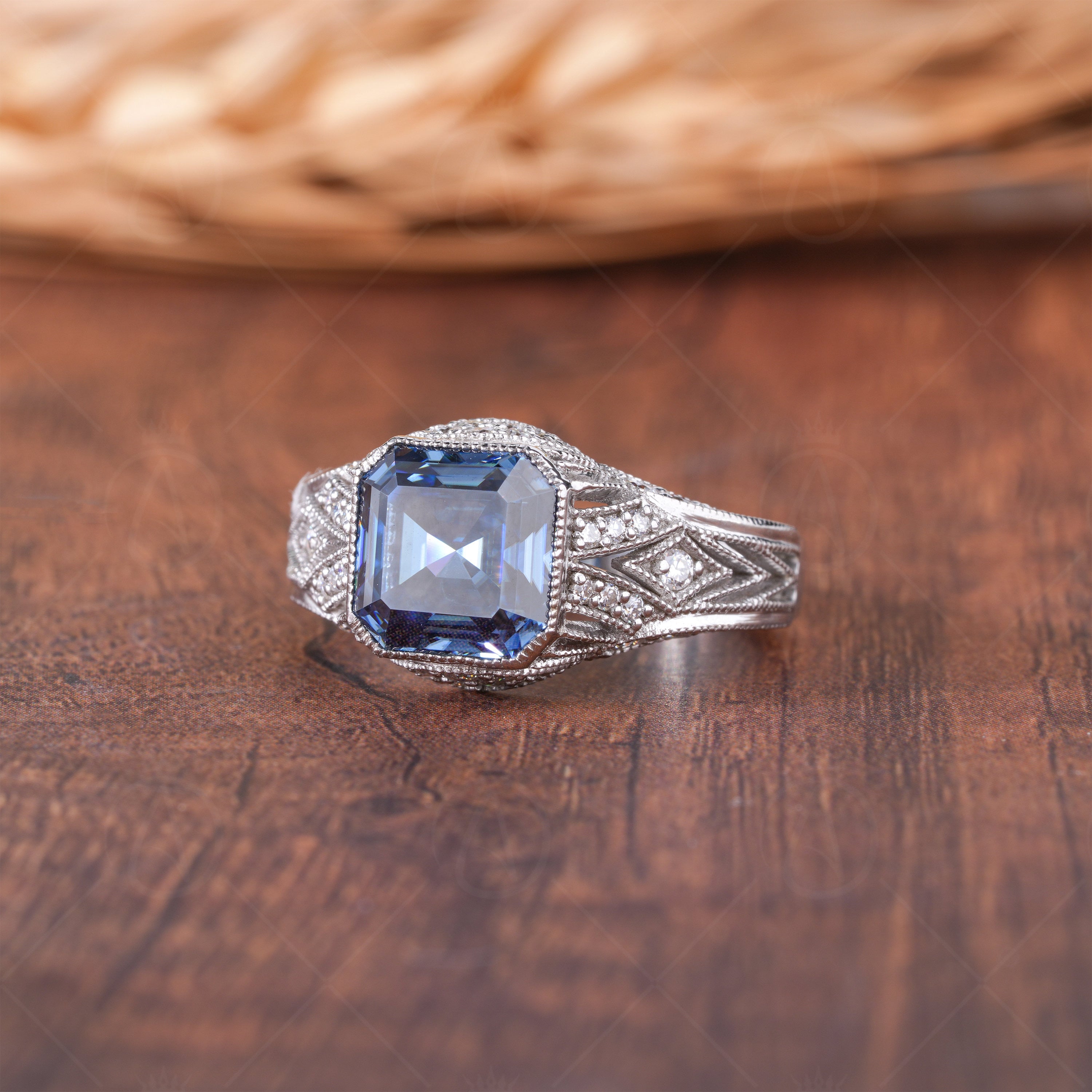 Electric Blue Asscher Cut Moissanite Art Deco Ring, Vintage Filigree Engagement Ring, September Birthstone Ring, Estate Milgrain Ring, Edwardian Inspired Victorian Ring, Estate Jewelry For Women