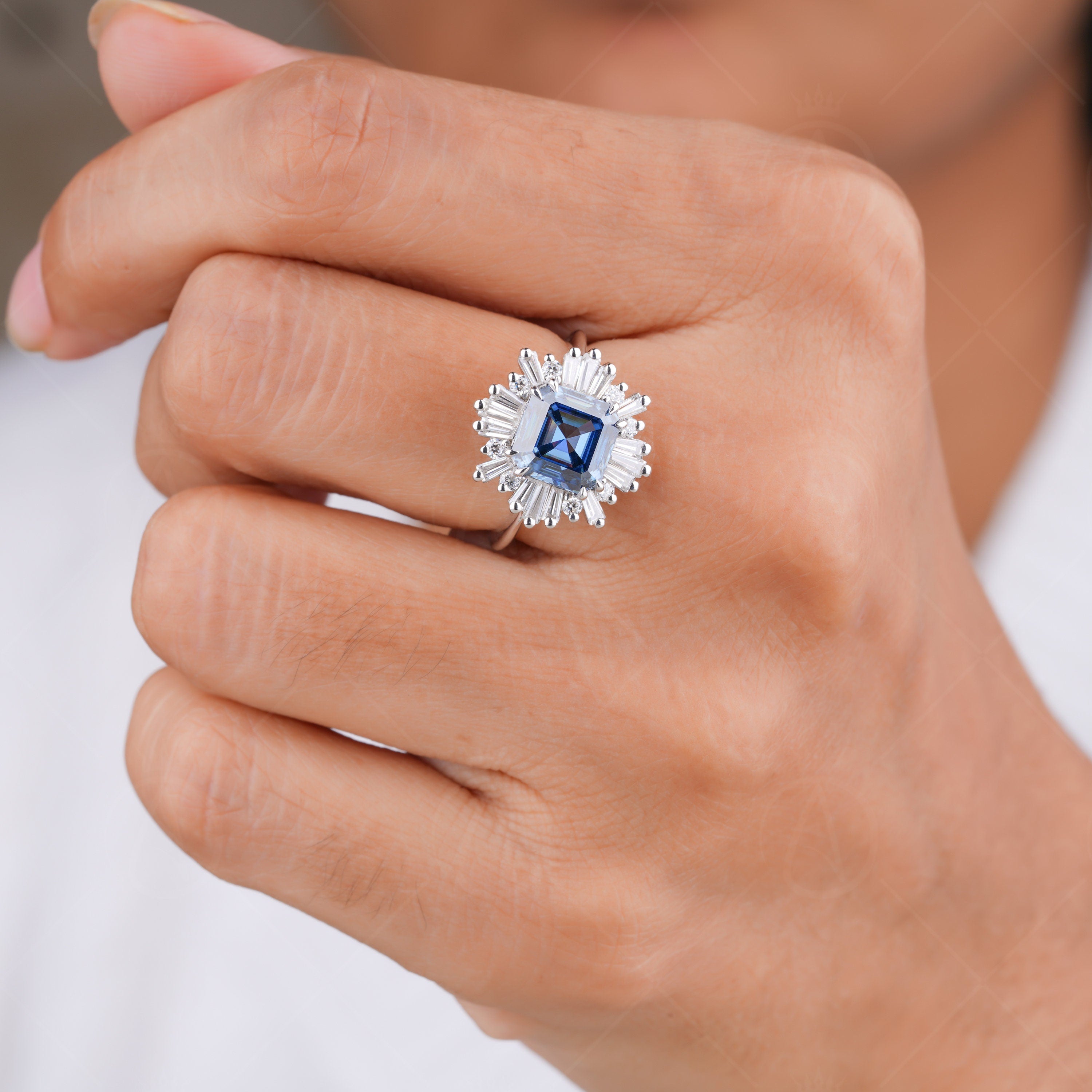 Ballerina Inspired Vintage Engagement Ring, Gatsby Art Deco Starburst Ring, Antique Blue Asscher Cut Moissanite Ring, Promise Ring For Women