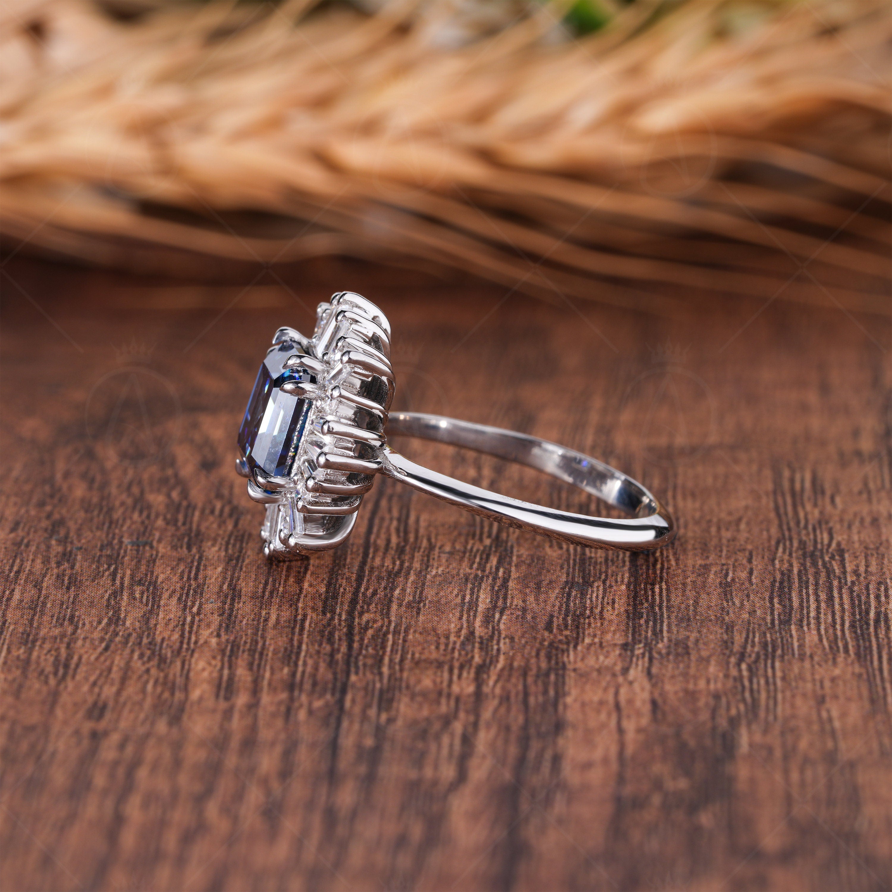 Ballerina Inspired Vintage Engagement Ring, Gatsby Art Deco Starburst Ring, Antique Blue Asscher Cut Moissanite Ring, Promise Ring For Women