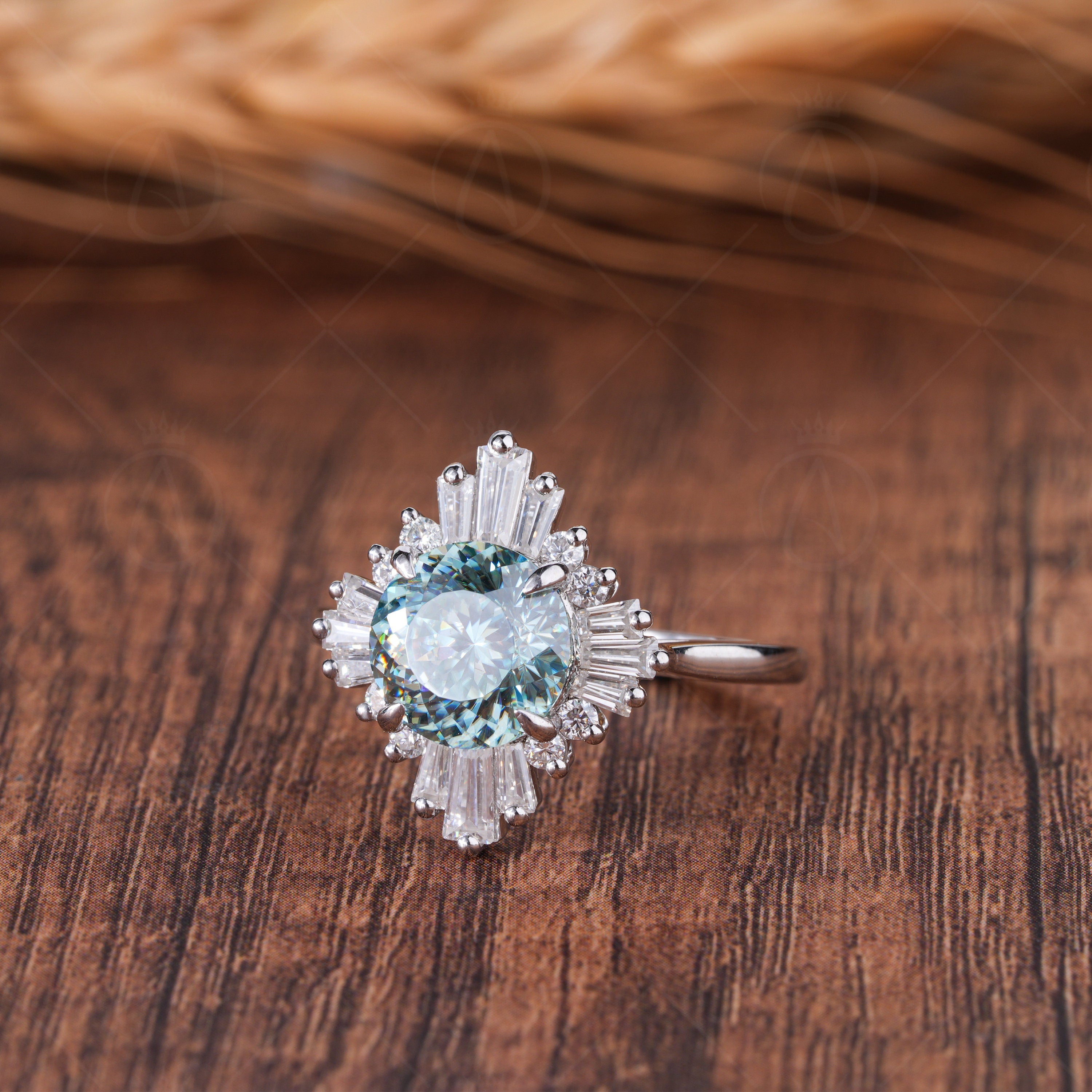 Art Deco Starburst Engagement Ring, Cyan Blue Portuguese Cut Moissanite Ring, Gatsby Inspired Vintage Ring, Unique Moissanite Halo Ring