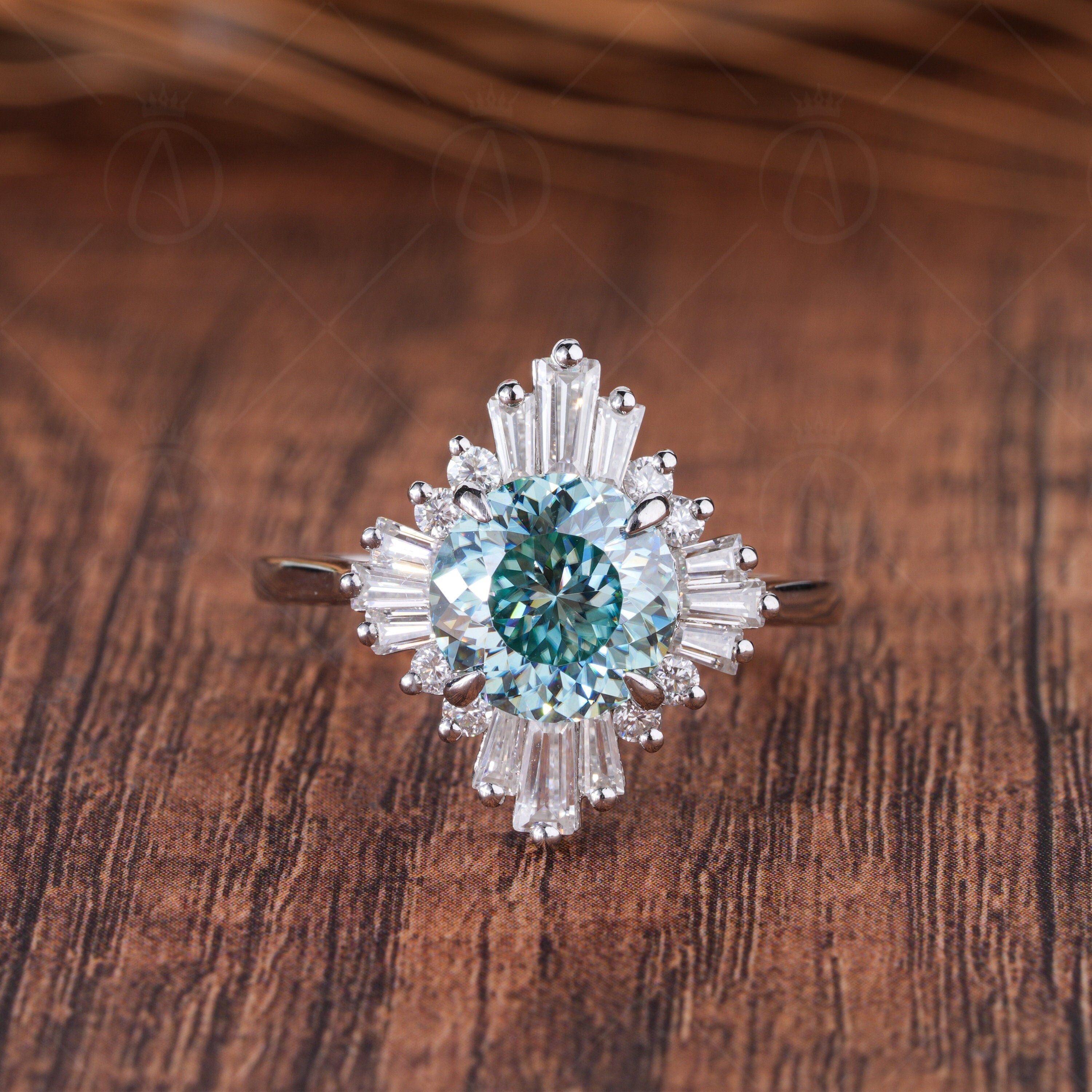 Art Deco Starburst Engagement Ring, Cyan Blue Portuguese Cut Moissanite Ring, Gatsby Inspired Vintage Ring, Unique Moissanite Halo Ring