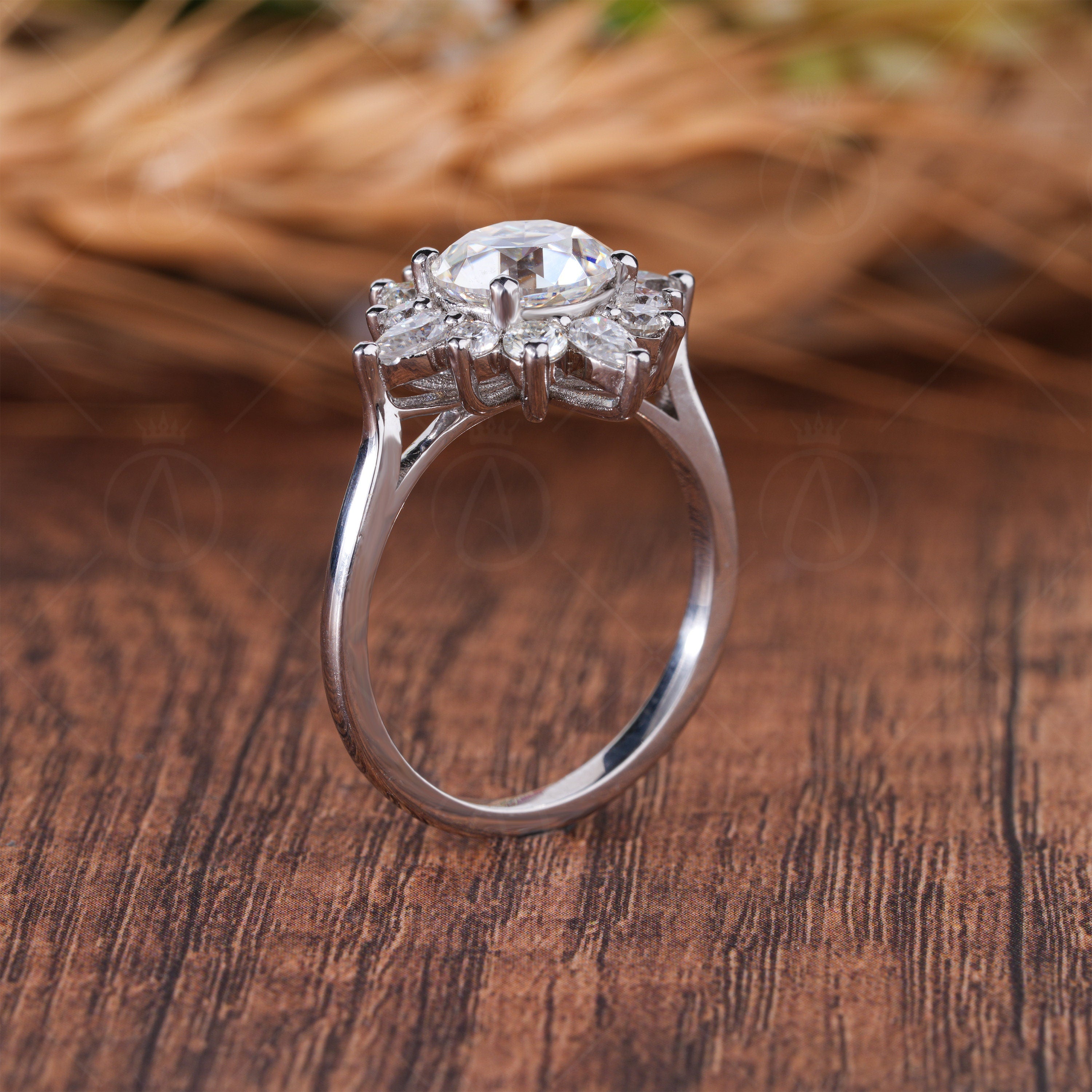 Unique Starburst Engagement Ring, Antique Old European Cut Moissanite Halo Ring, Nature Inspired Flower Ring, Gatsby Wedding Ring For Women