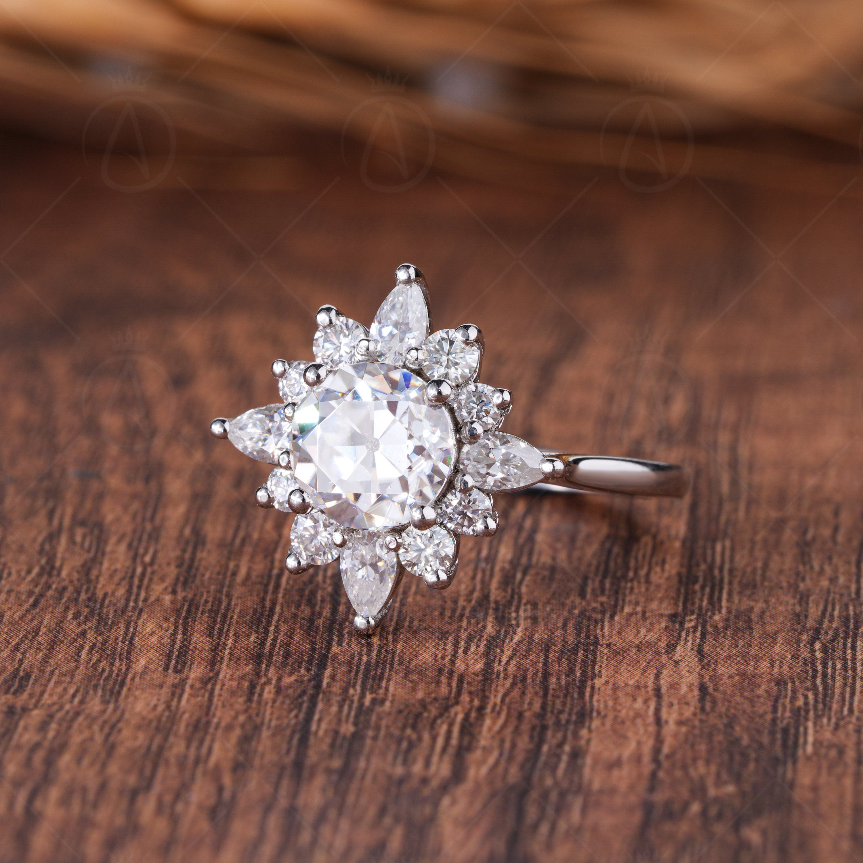 Unique Starburst Engagement Ring, Antique Old European Cut Moissanite Halo Ring, Nature Inspired Flower Ring, Gatsby Wedding Ring For Women