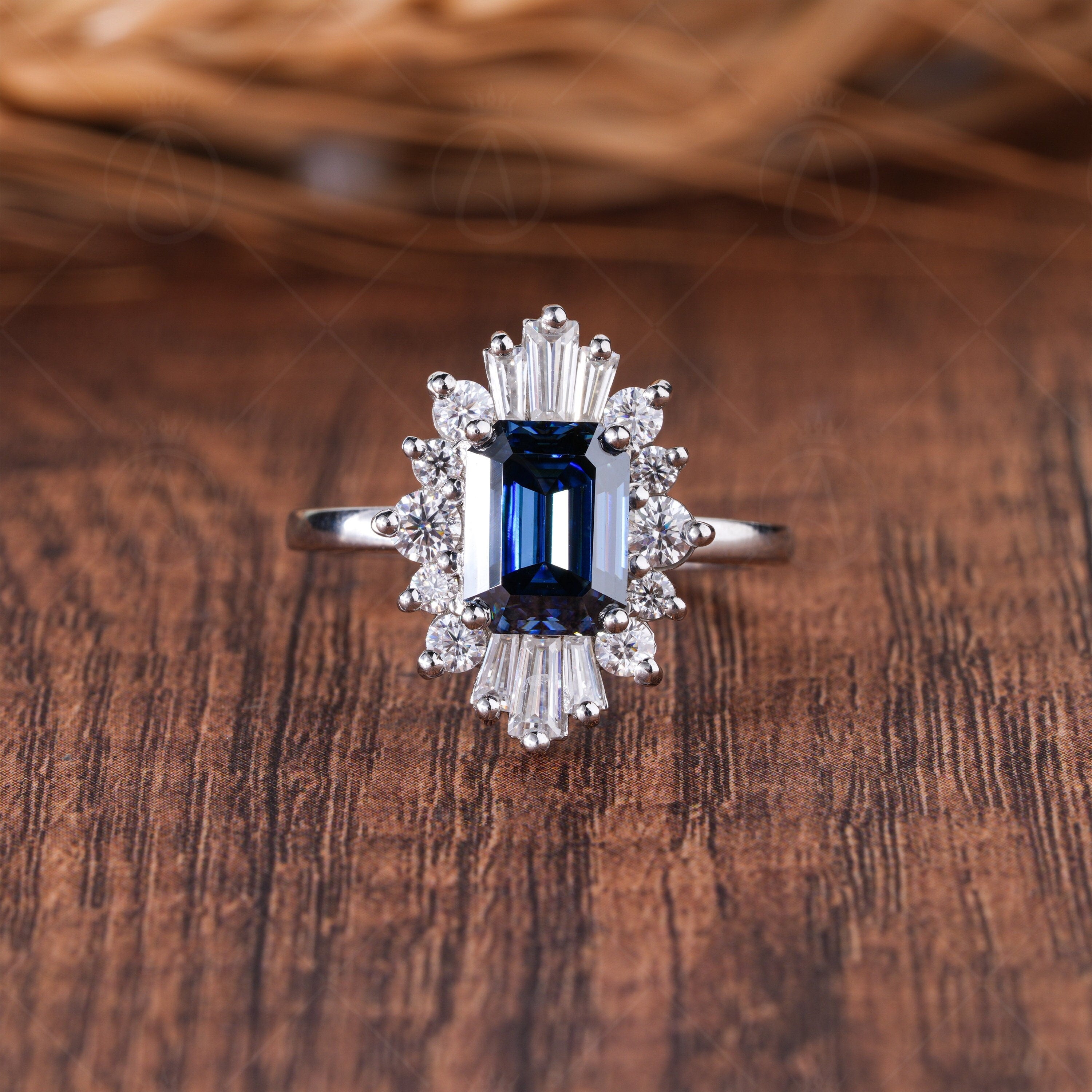 Blue Emerald Cut Moissanite Halo Engagement Ring, Art Deco Starburst Ring For Women, Unique Gatsby Inspired Ring, Promise Ring For Her