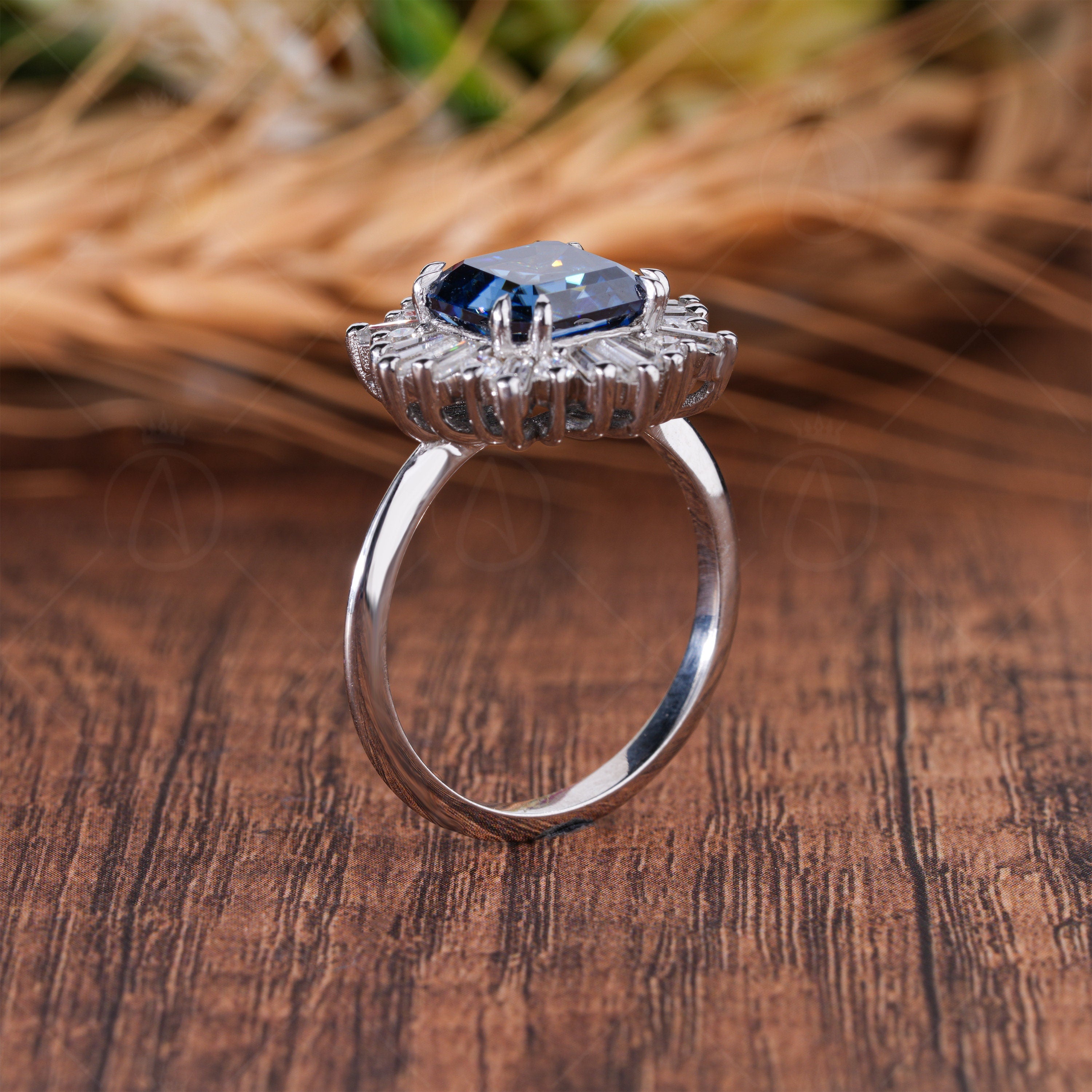 Ballerina Inspired Vintage Engagement Ring, Gatsby Art Deco Starburst Ring, Antique Blue Asscher Cut Moissanite Ring, Promise Ring For Women