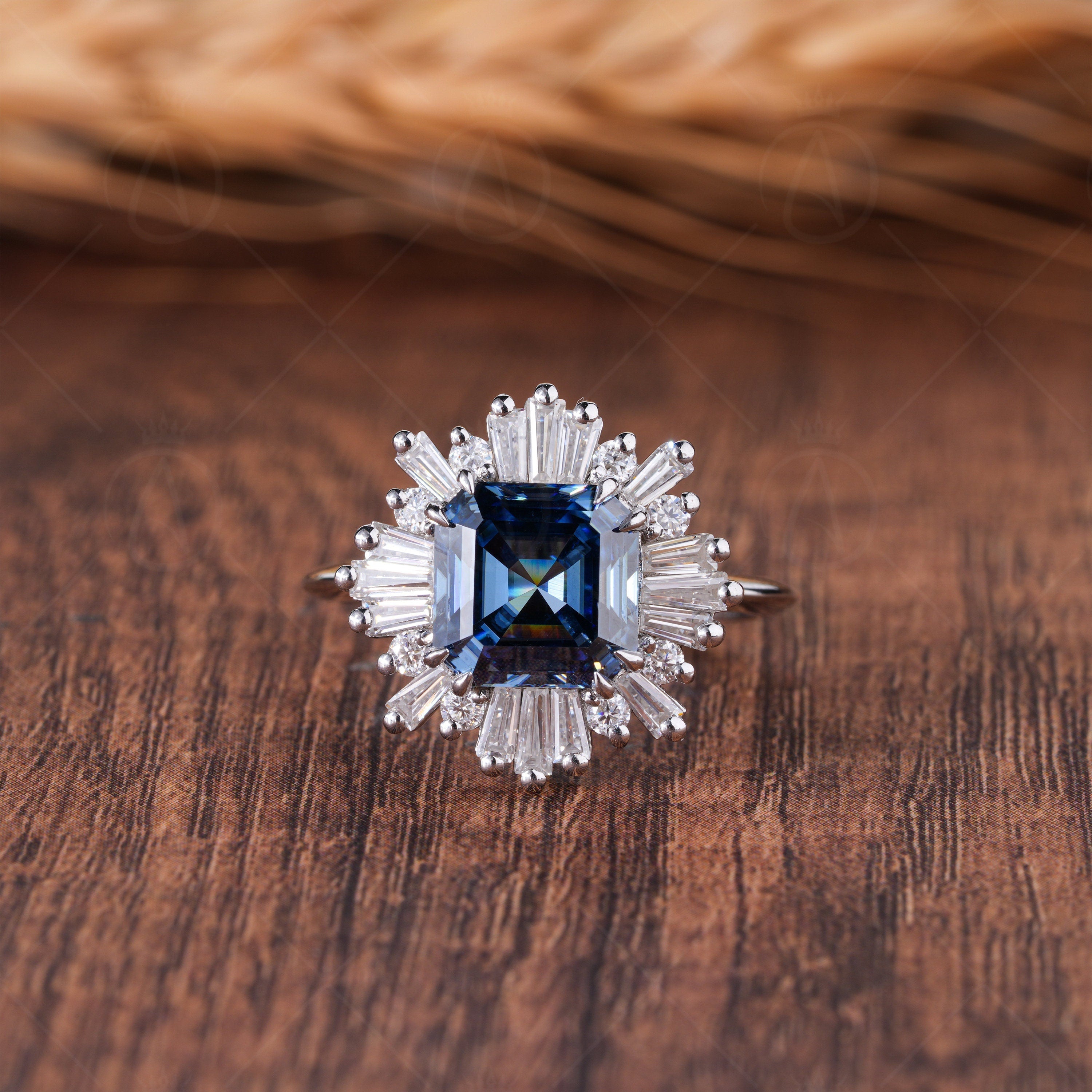 Ballerina Inspired Vintage Engagement Ring, Gatsby Art Deco Starburst Ring, Antique Blue Asscher Cut Moissanite Ring, Promise Ring For Women