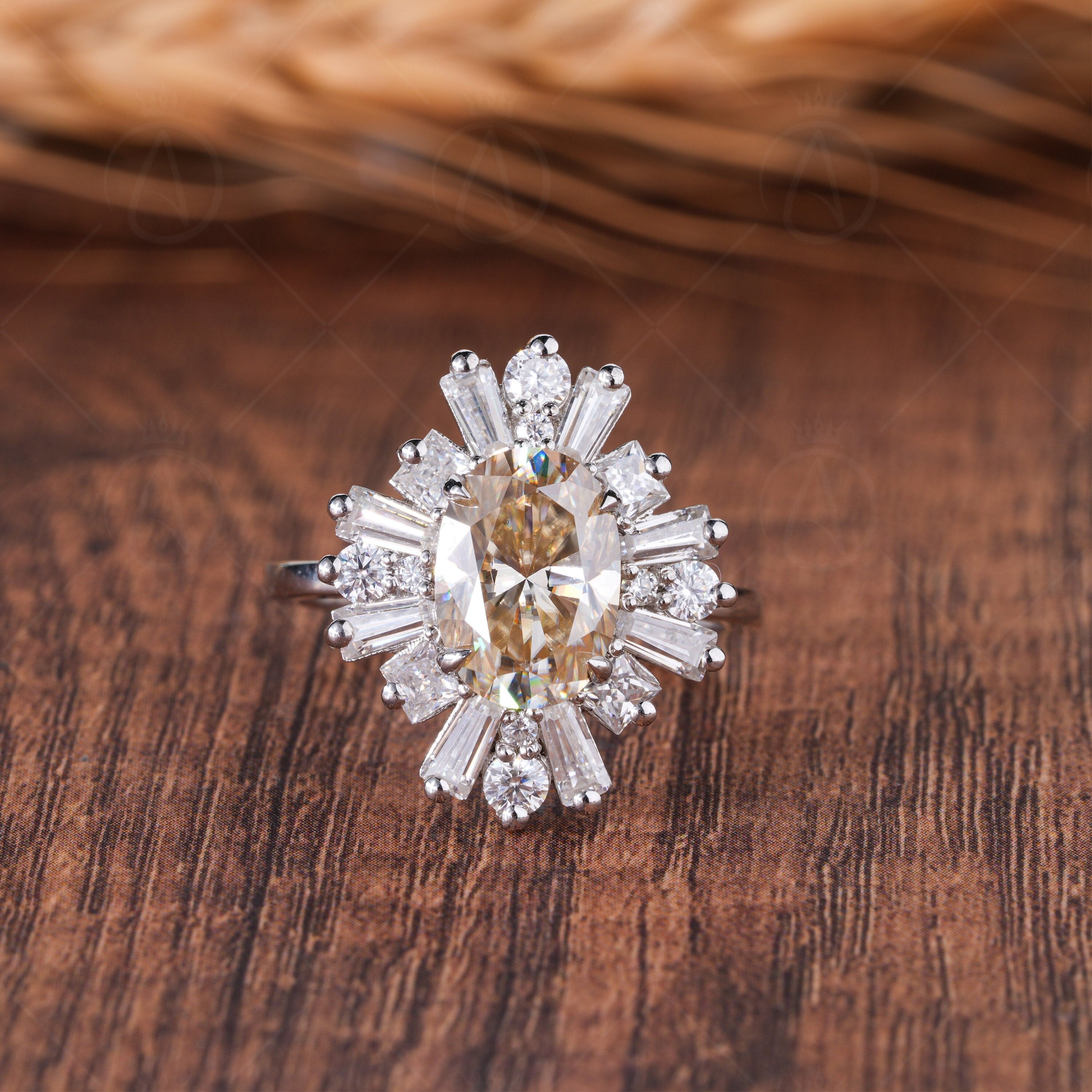 Unique Starburst Engagement Ring, Canary Yellow Oval Halo Moissanite Ring, Antique Vintage Rings For Women, Art Deco Gatsby Promise Ring