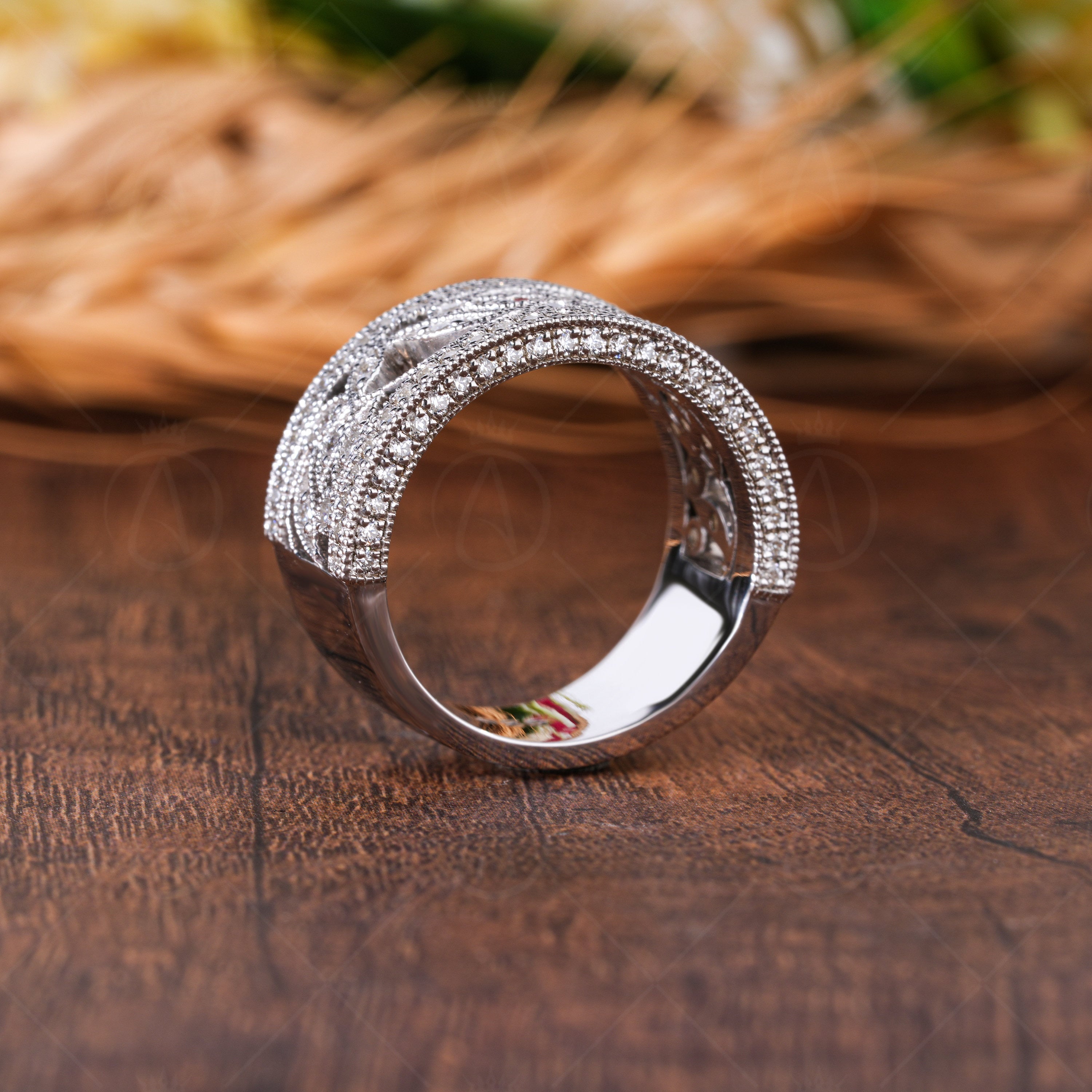 Nature Inspired Leaf Branch Anniversary Rings For Women Antique Filigree Wide Wedding Band Vintage Milgrain Band Moissanite Wide Band