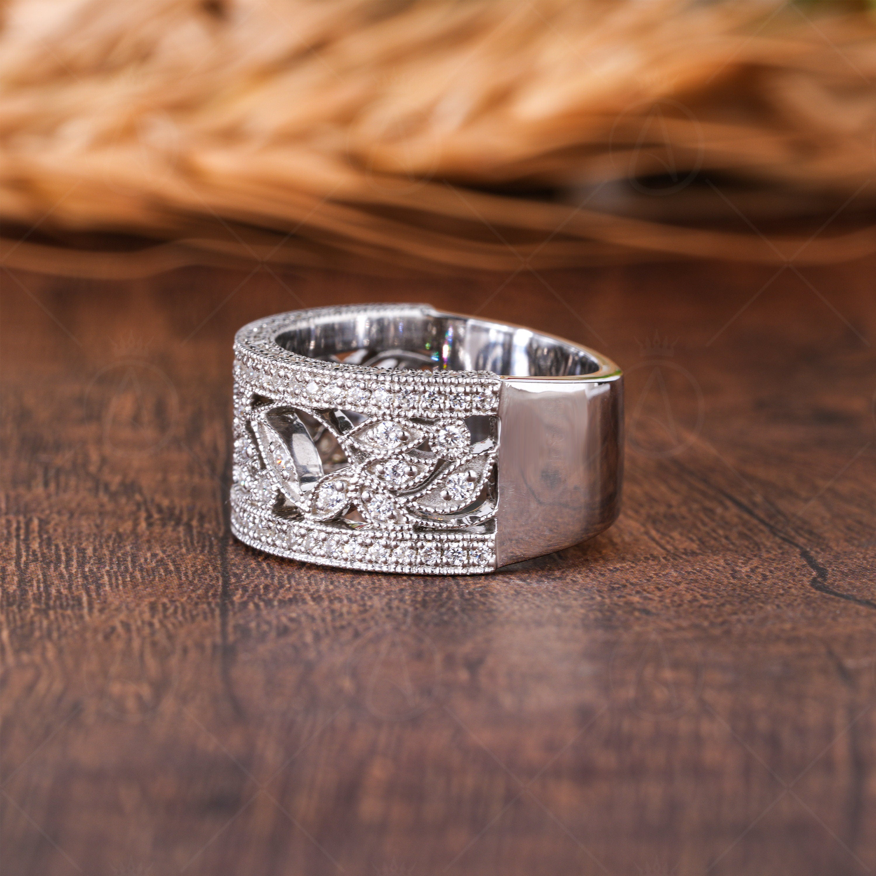 Nature Inspired Leaf Branch Anniversary Rings For Women Antique Filigree Wide Wedding Band Vintage Milgrain Band Moissanite Wide Band