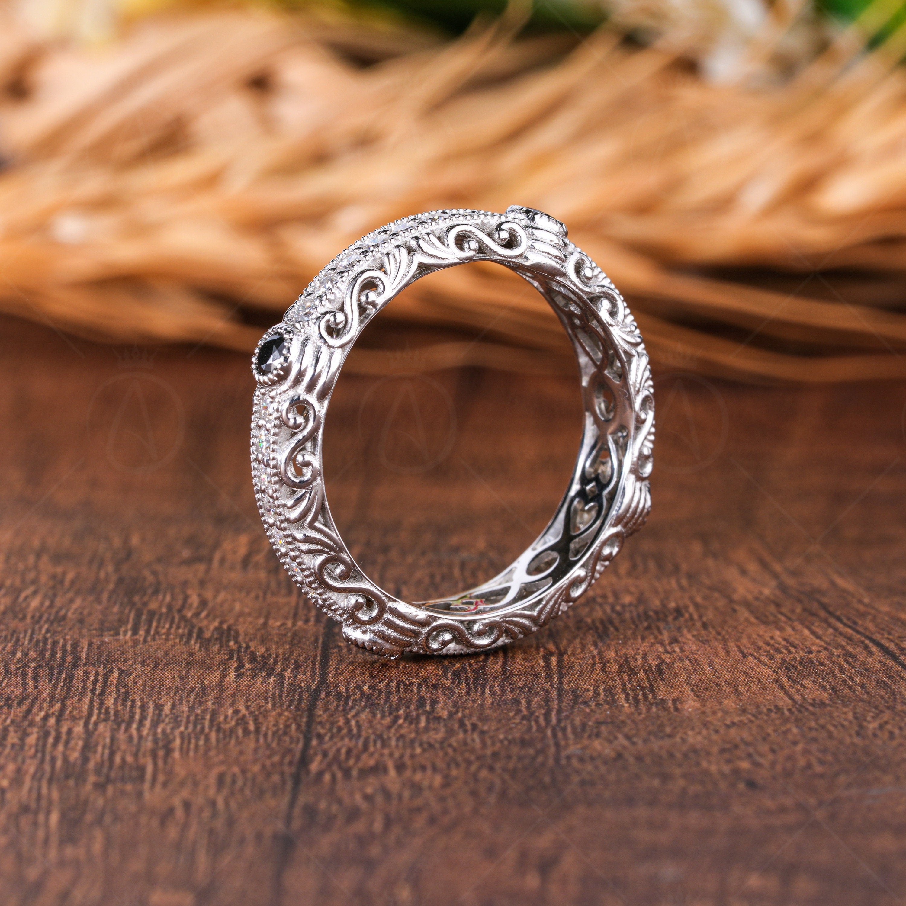 Antique Vintage Engraved Wedding Bands Women Unique Carved Estate Wedding Ring Anniversary Promise Band Moissanite Art Deco Band Handmade Statement Jewelry