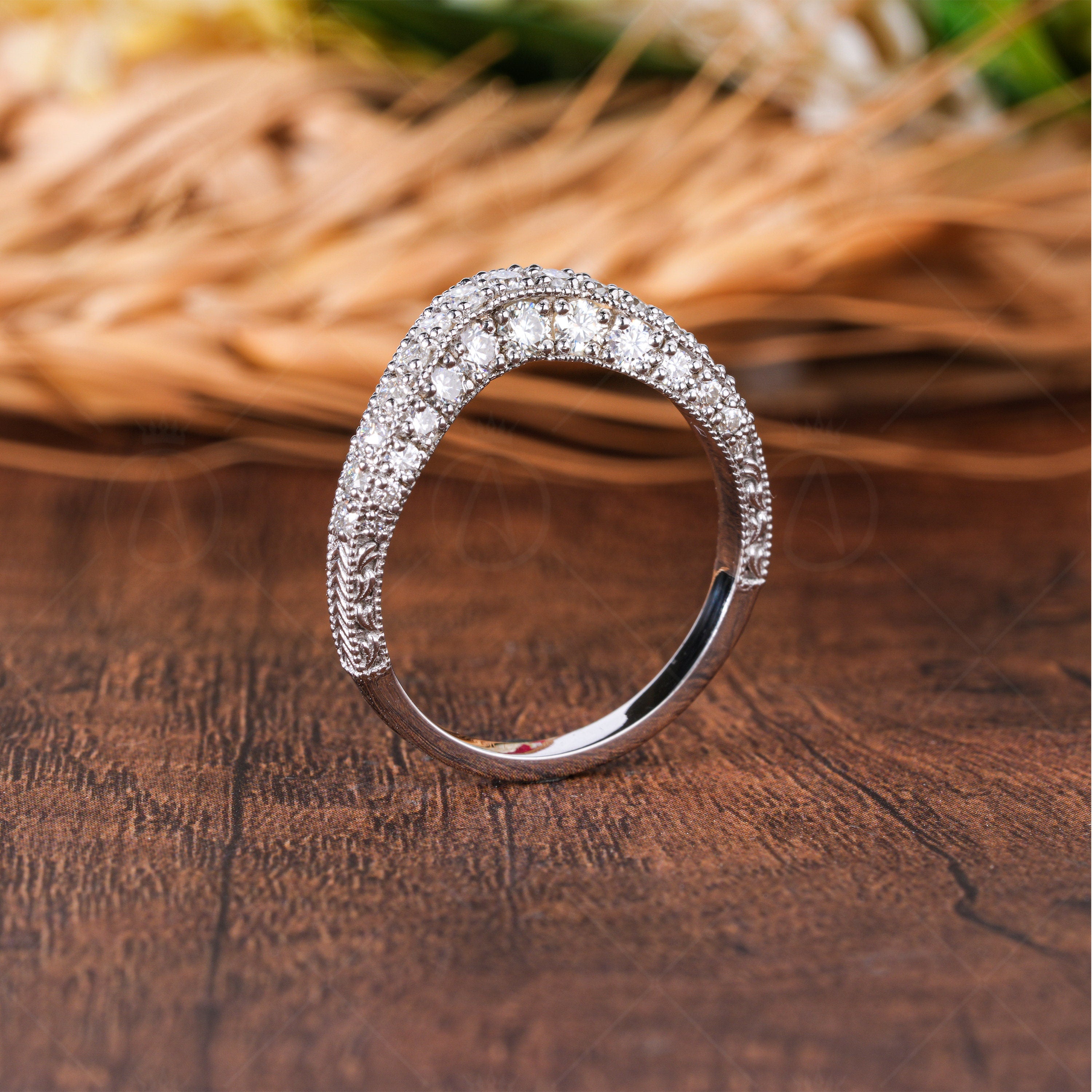 3 Sided Pave Contour Wedding Bands Women, Antique Vintage Curved Stacking Ring, Art Deco Moissanite Matching Band, Bridal Engraved Ring