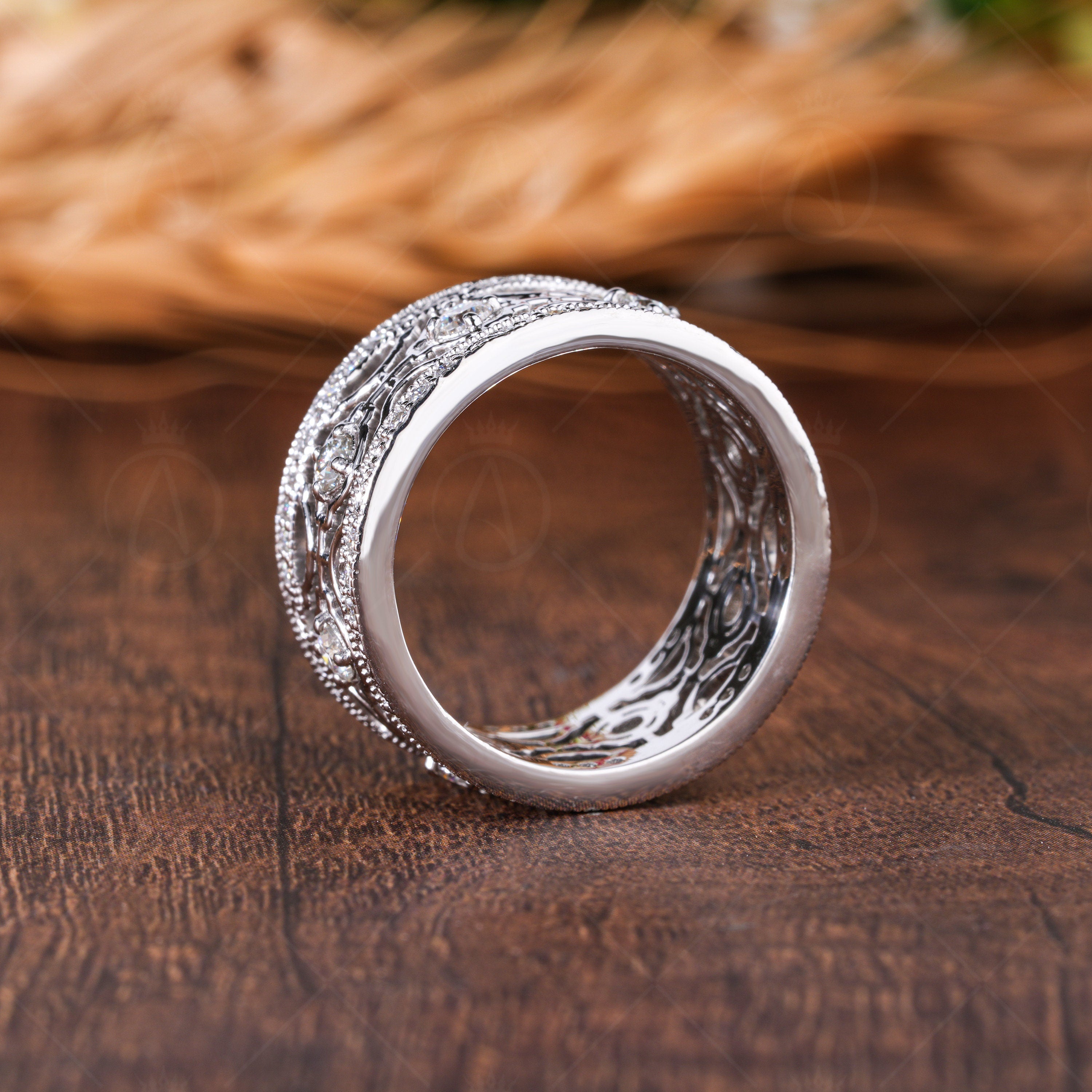 10mm Designer Wide Anniversary Band Rings For Women, Unique Right Hand Statement Band, Thick Art Deco Wedding Bands, Moissanite Diamond Band, Cocktail Style Band, Modern Fashion Ring