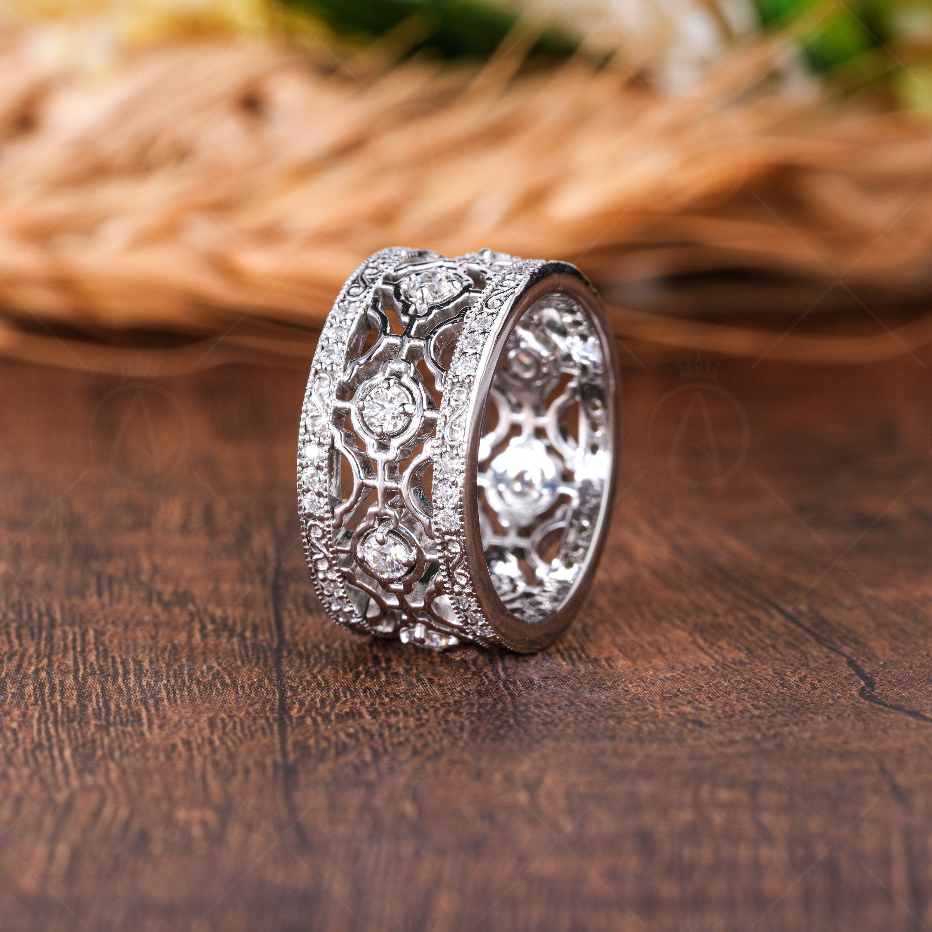 10mm Designer Wide Anniversary Band Rings For Women, Unique Right Hand Statement Band, Thick Art Deco Wedding Bands, Moissanite Diamond Band, Cocktail Style Band, Modern Fashion Ring