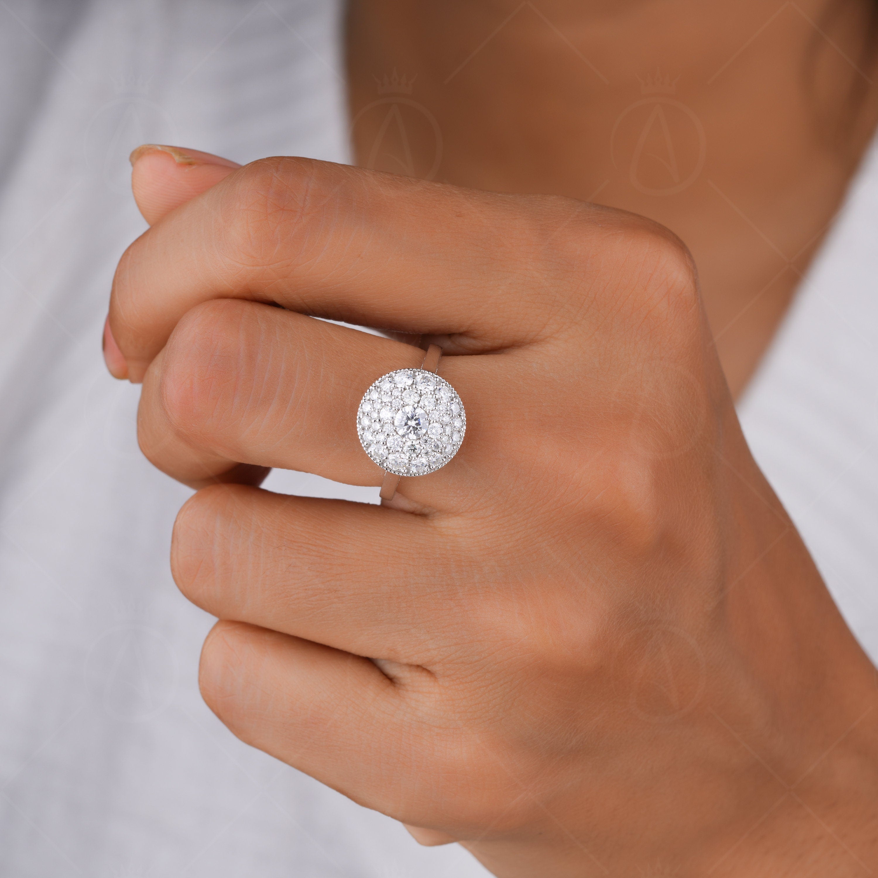 Celebrity Inspired Round Shaped Moissanite Diamond Cluster Engagement Ring, Multi Stone Dome Statement Ring, Unique Promise Rings For Women, Micro Pave Setting Engagement Ring