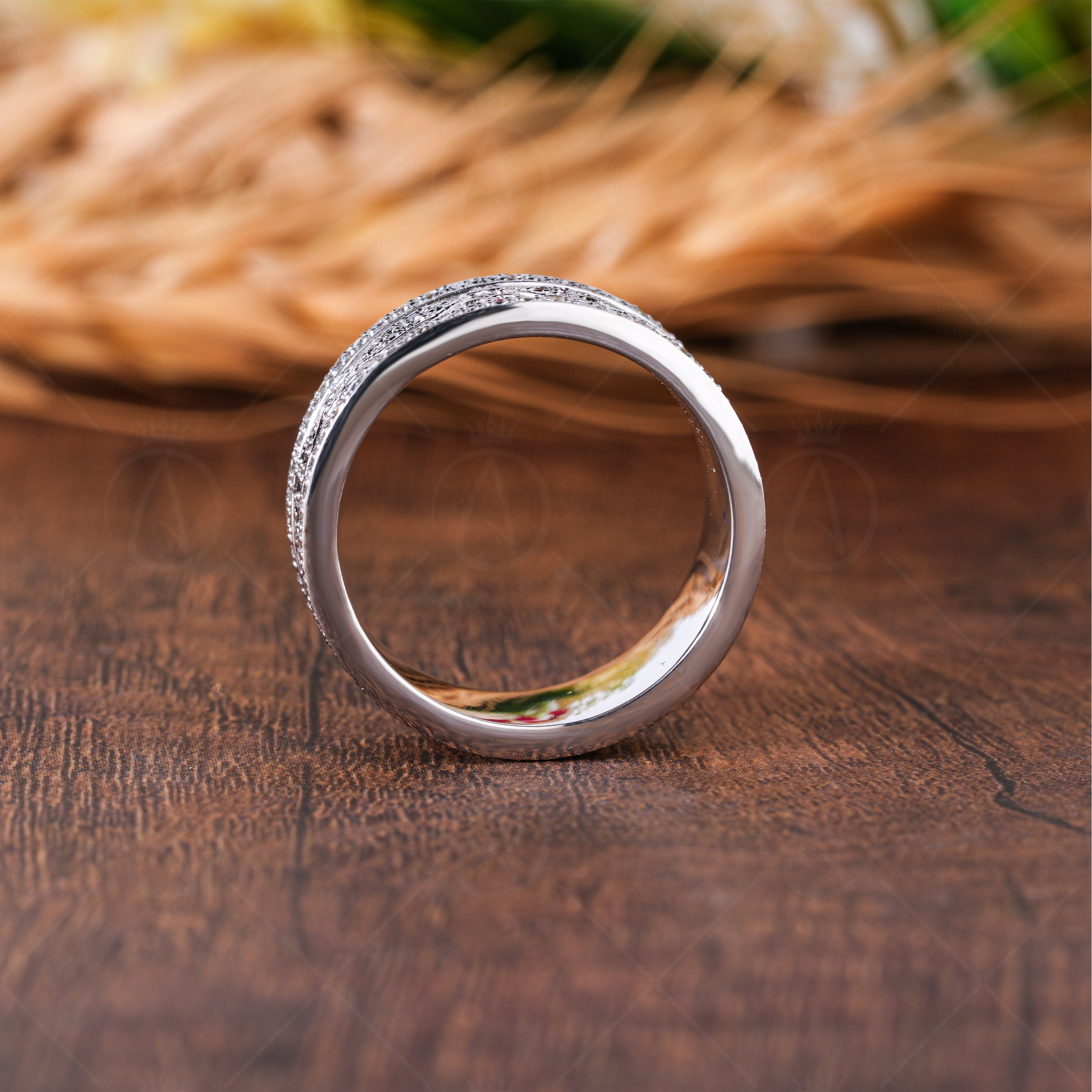 Moissanite Wide Cigar Band Rings, Full Eternity Wedding Anniversary Band, Designer Art Deco Thick Band, Unique Statement Ring