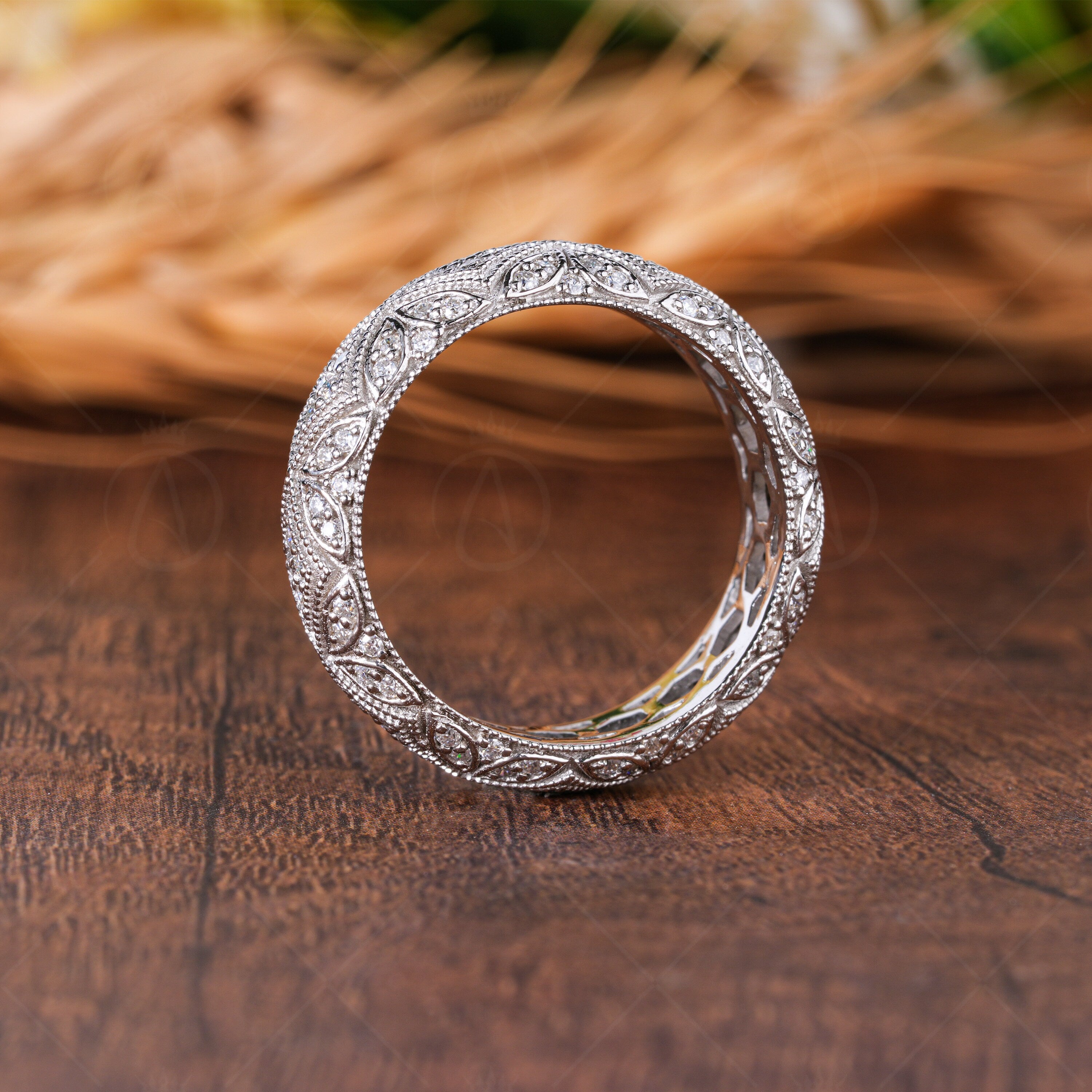 Antique Filigree Estate Wedding Bands For Women Moissanite Dome Statement Ring Art Deco Vintage Milgrain Anniversary Band Wide Eternity Band