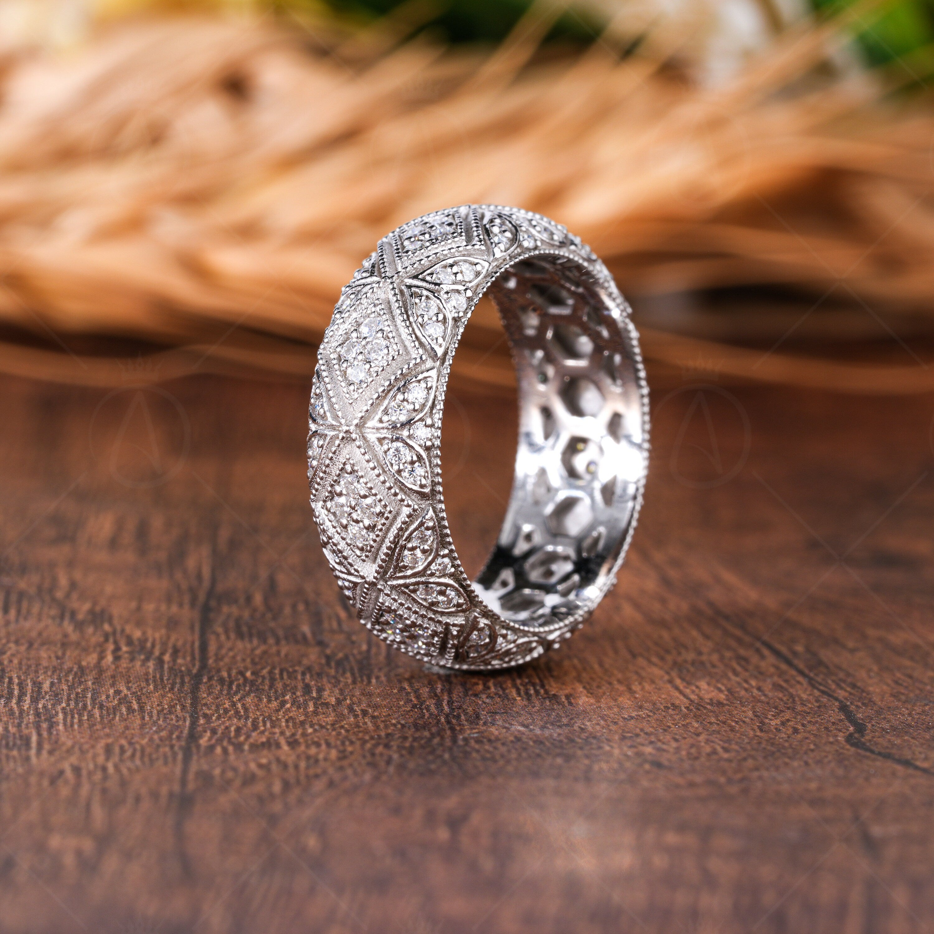 Antique Filigree Estate Wedding Bands For Women Moissanite Dome Statement Ring Art Deco Vintage Milgrain Anniversary Band Wide Eternity Band