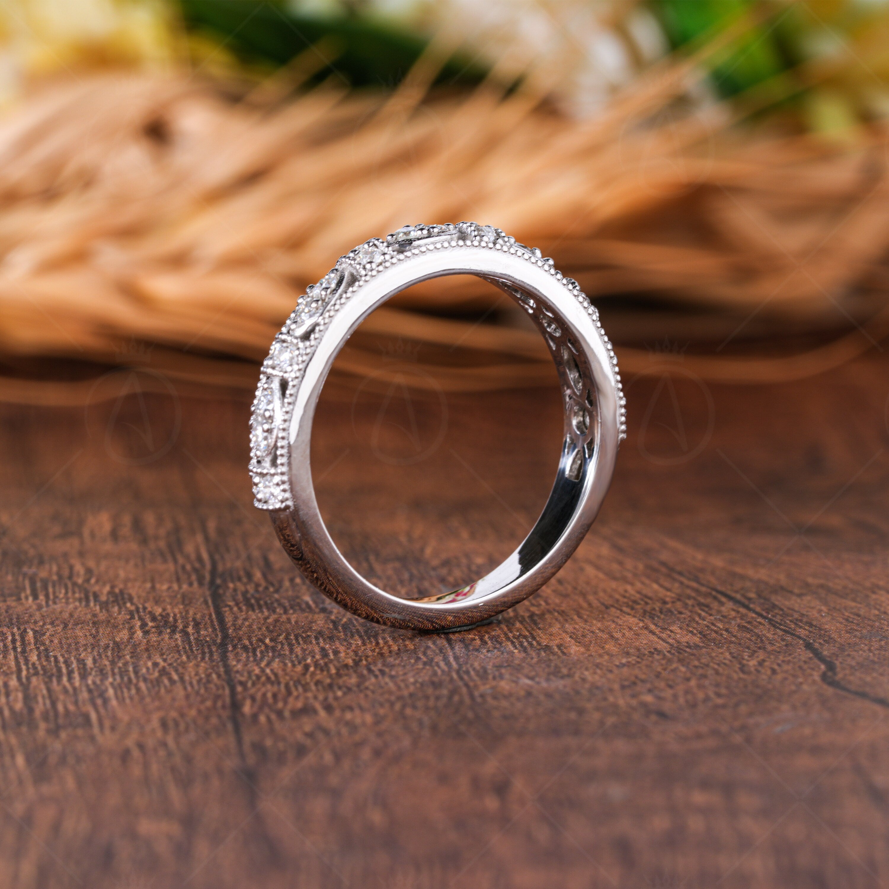 Art Deco Vintage Wedding Bands Women Milgrain Vintage Matching Band Unique White Gold Anniversary Band Moissanite Wide Band Promise Ring