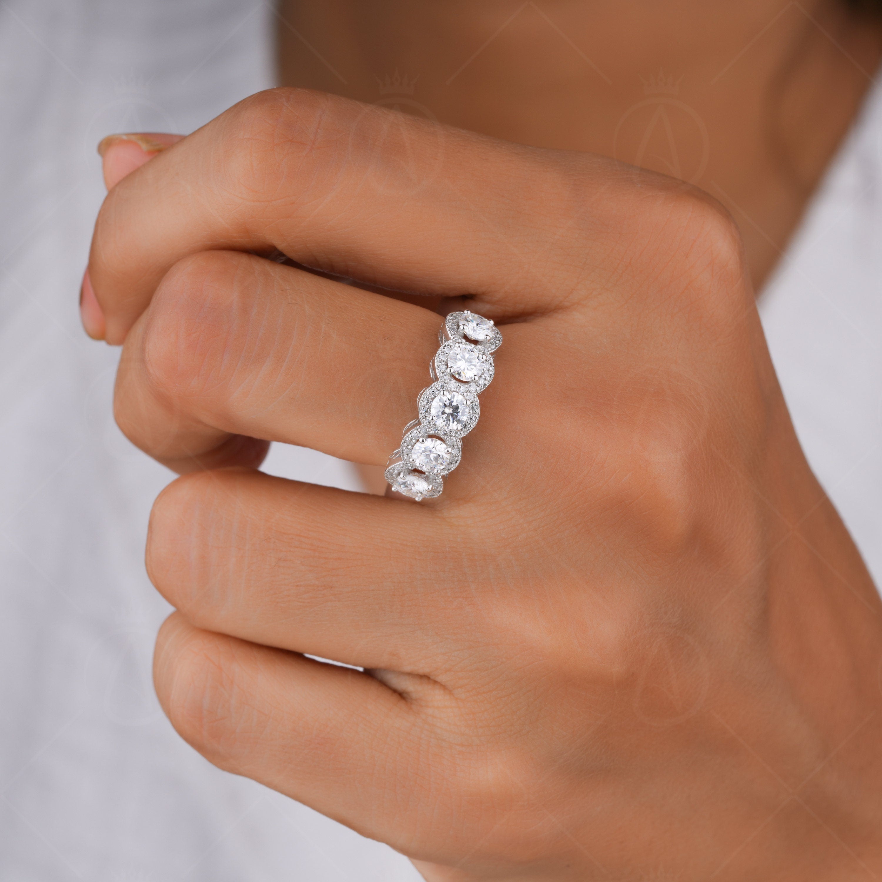 Antique Filigree Oval Anniversary Band Carved Moissanite Oval Halo Wedding Band Five Stone Moissanite Band Unique Promise Rings For Women