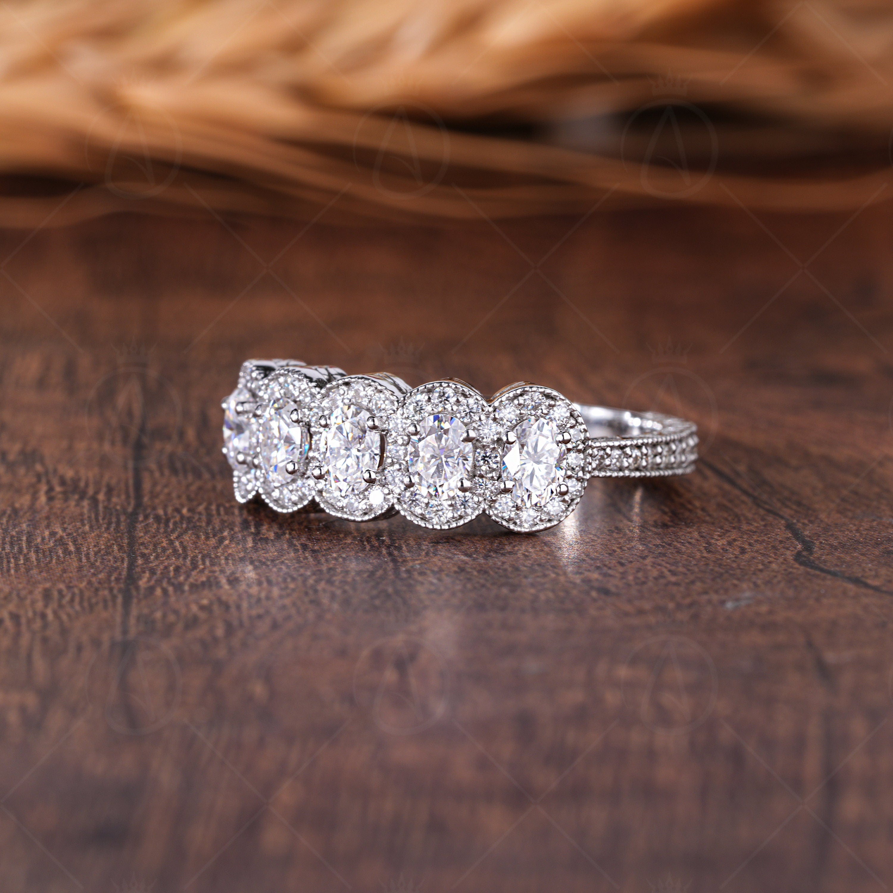 Antique Filigree Oval Anniversary Band Carved Moissanite Oval Halo Wedding Band Five Stone Moissanite Band Unique Promise Rings For Women