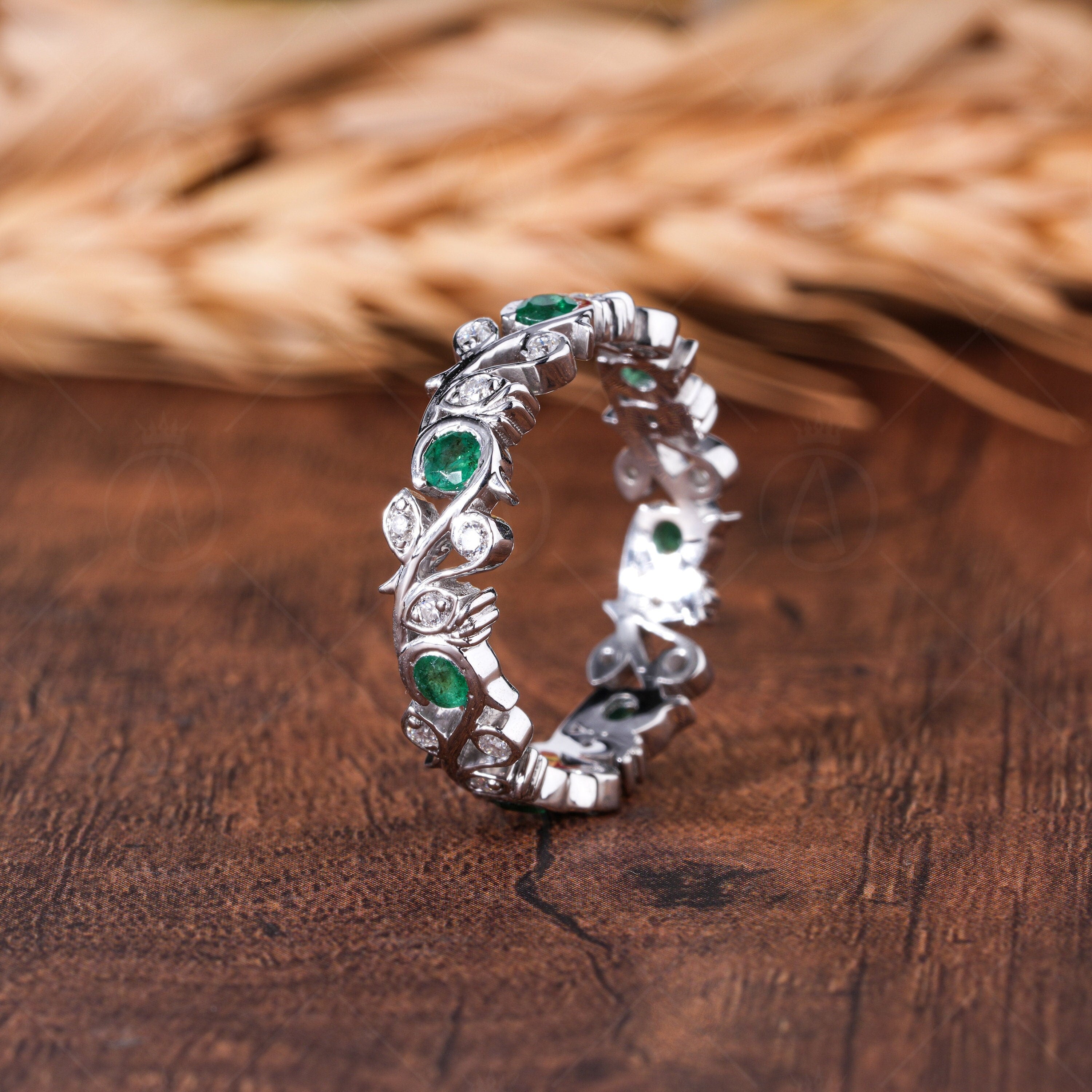 Nature Inspired Twig Branch Wedding Band Unique Leaf And Vine Emerald Band Ring Art Deco Twig Nature Anniversary Band For Women