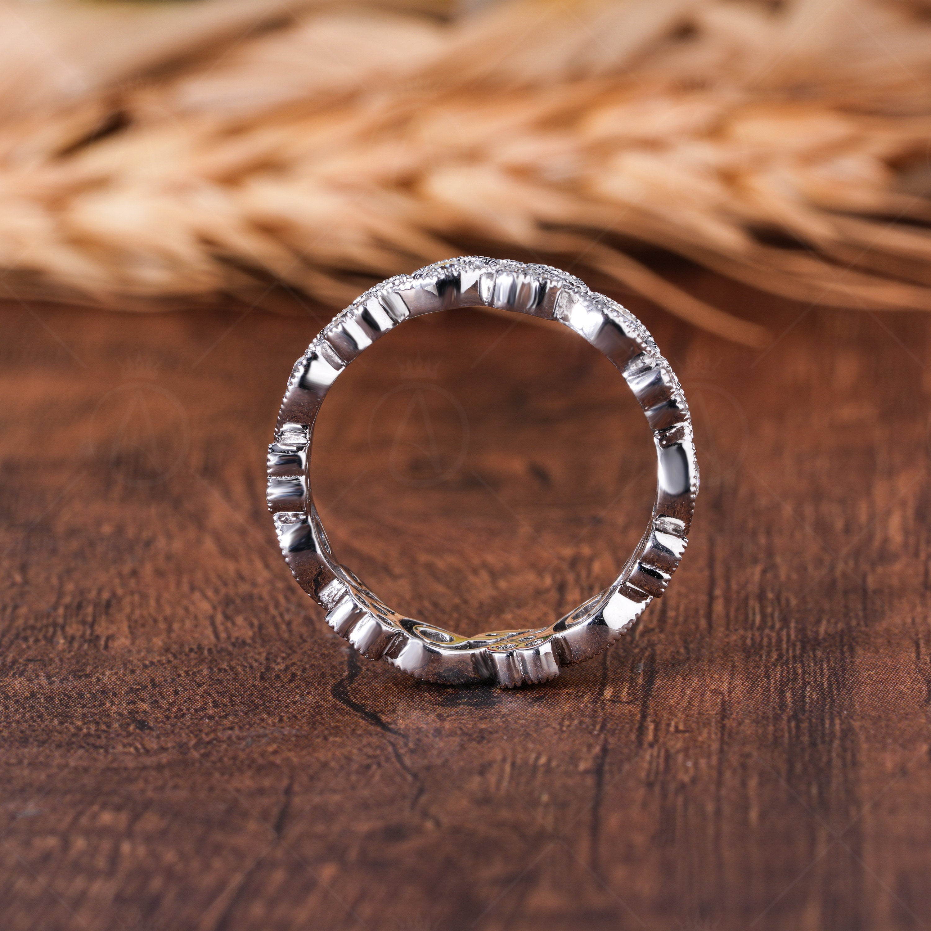 Vintage Filigree Wedding Bands Women Unique Milgrain Full Eternity Band Art Deco Anniversary Band White Gold Moissanite Band Ring