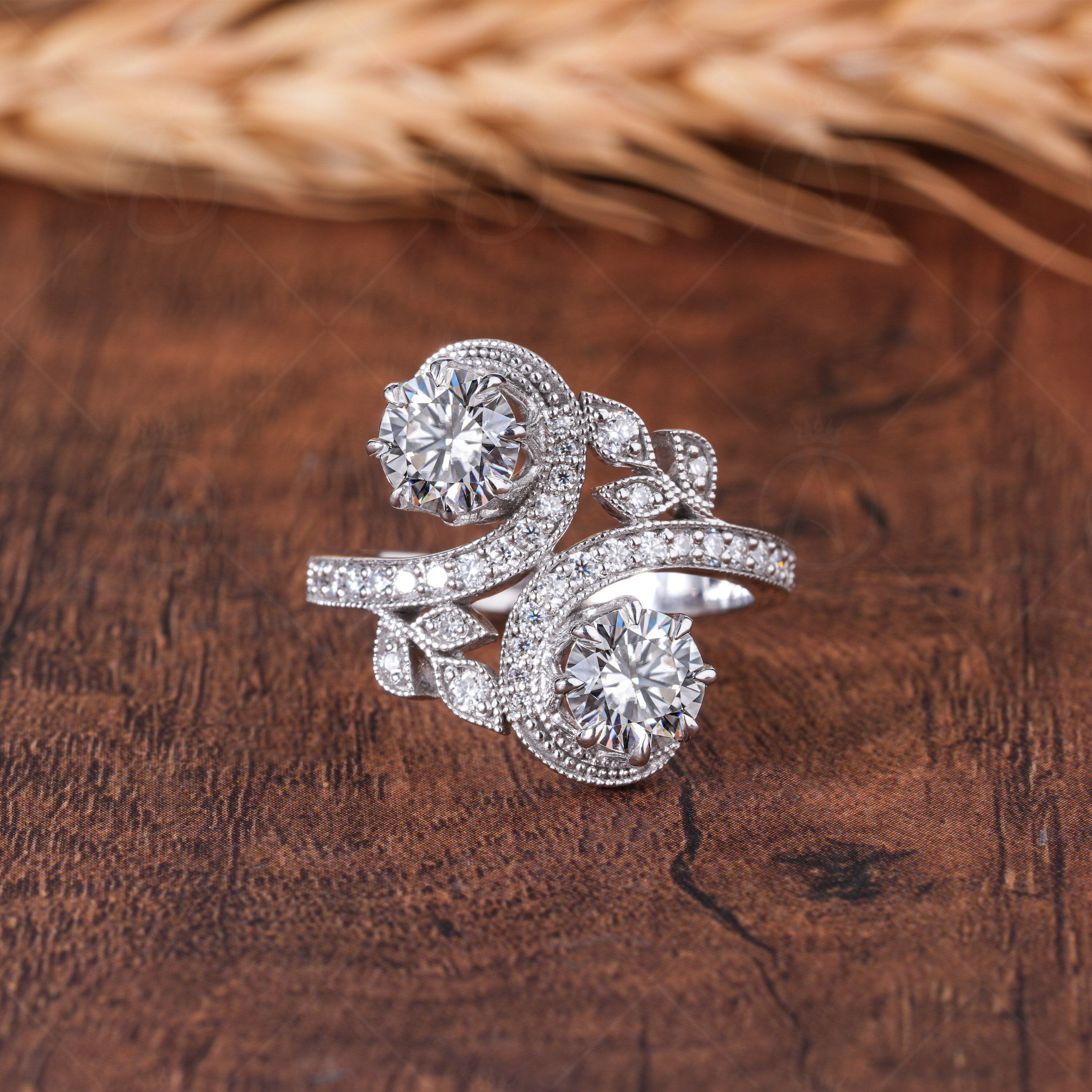 Bypass Victorian Style Edwardian Engagement Ring Vintage Milgrain Rings For Women Antique Leaf Art Deco Ring Estate Toi Et Moi Ring