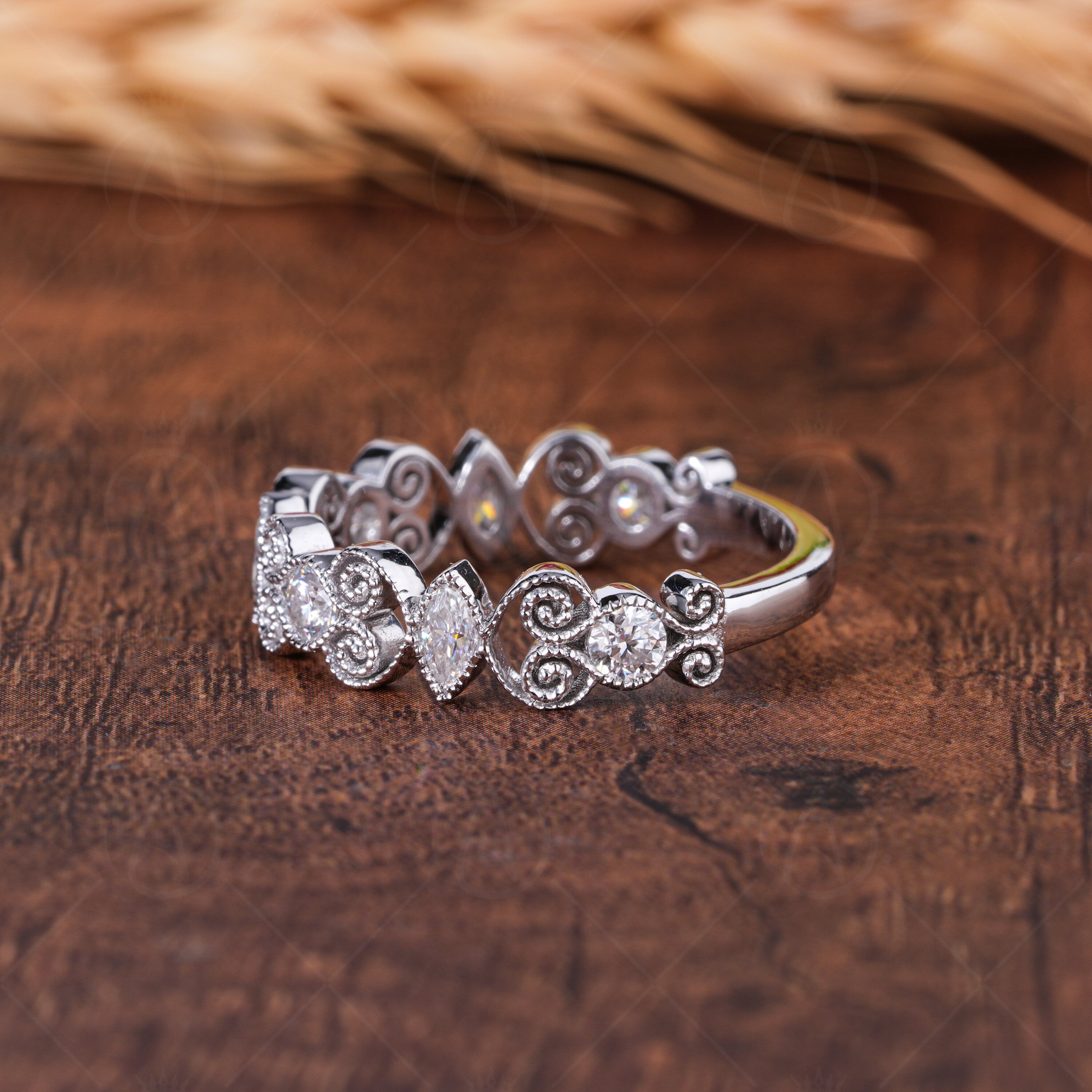 Filigree Wedding Band For Women Milgrain Vintage Anniversary Ring Unique Art Deco White Gold Ring Moissanite Wide Promise Band