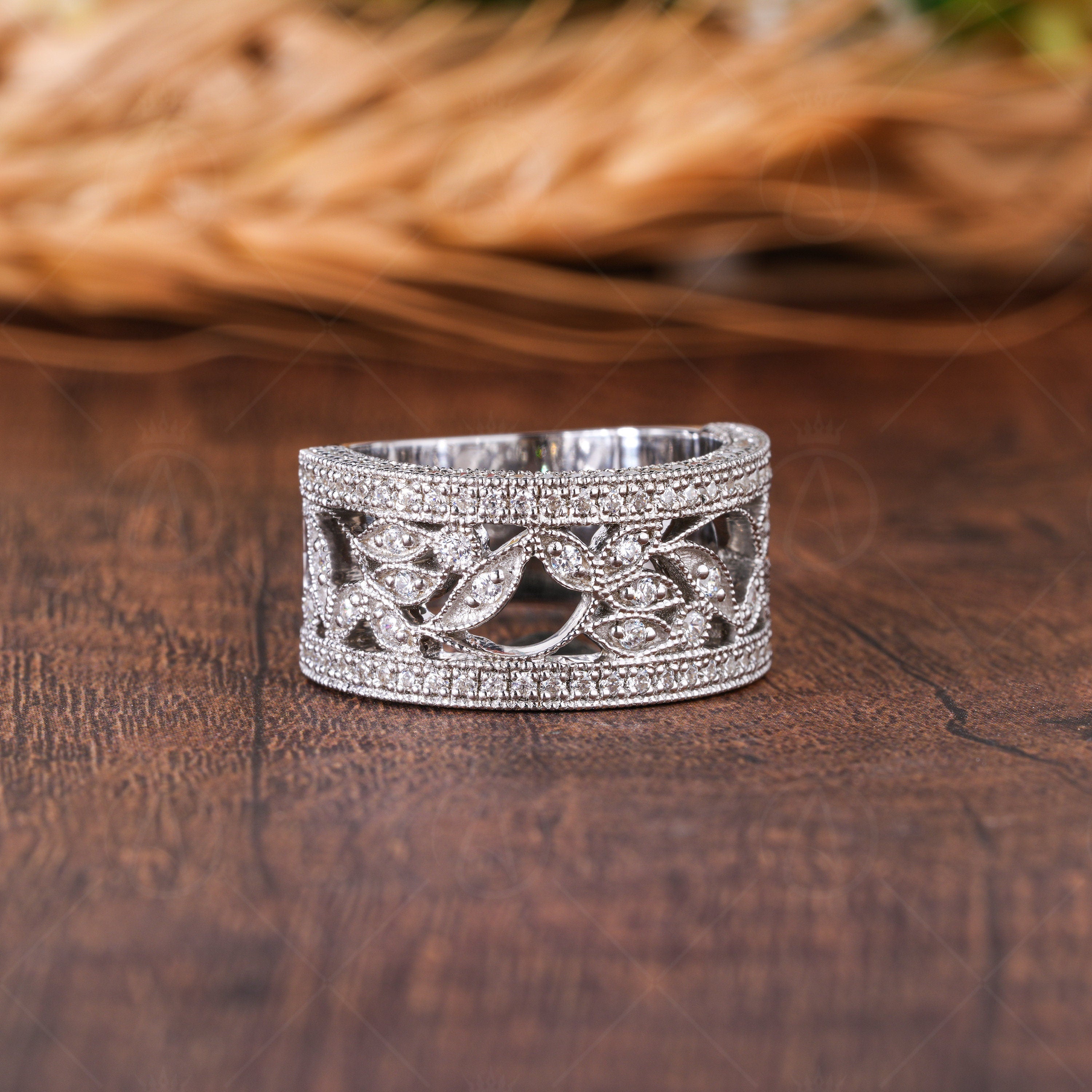 Nature Inspired Leaf Branch Anniversary Rings For Women Antique Filigree Wide Wedding Band Vintage Milgrain Band Moissanite Wide Band