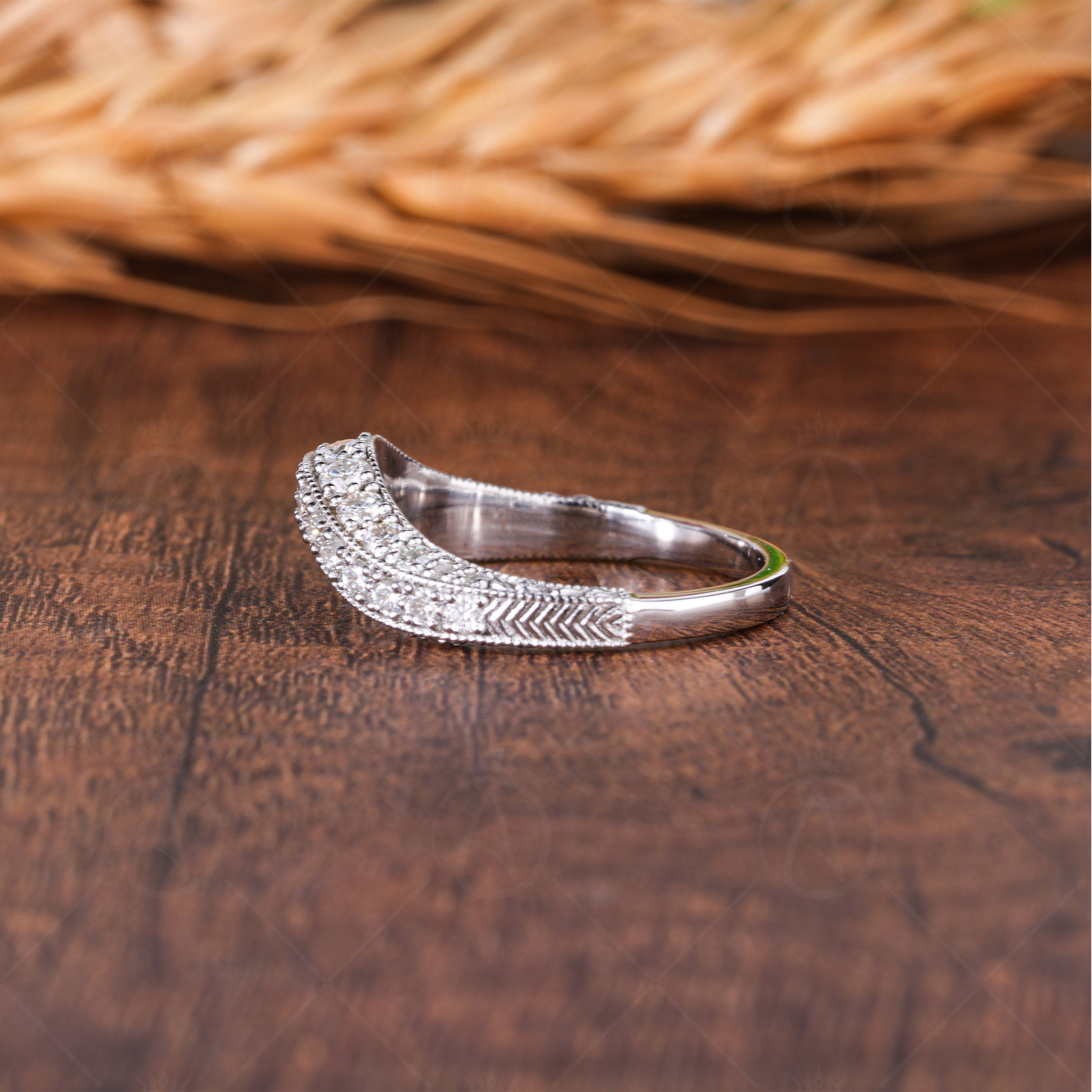 3 Sided Pave Engraved Contour Wedding Bands