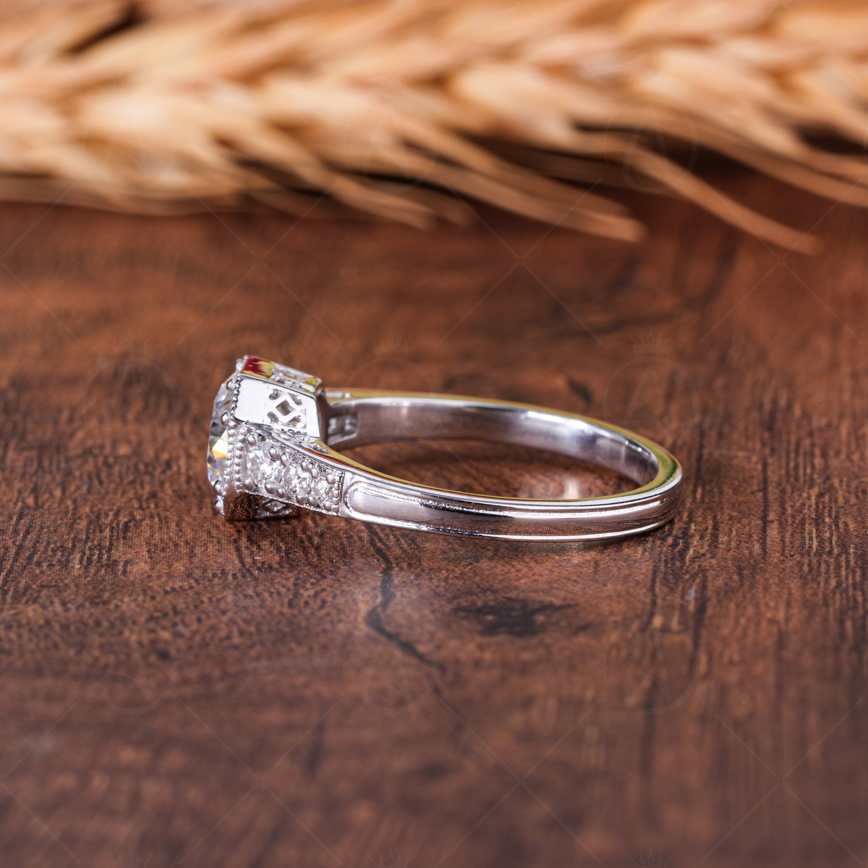 1.5Ct Cushion Cut Moissanite Art Deco Engagement Ring Unique Promise Rings For Women Colorless Moissanite Vintage Ring For Her