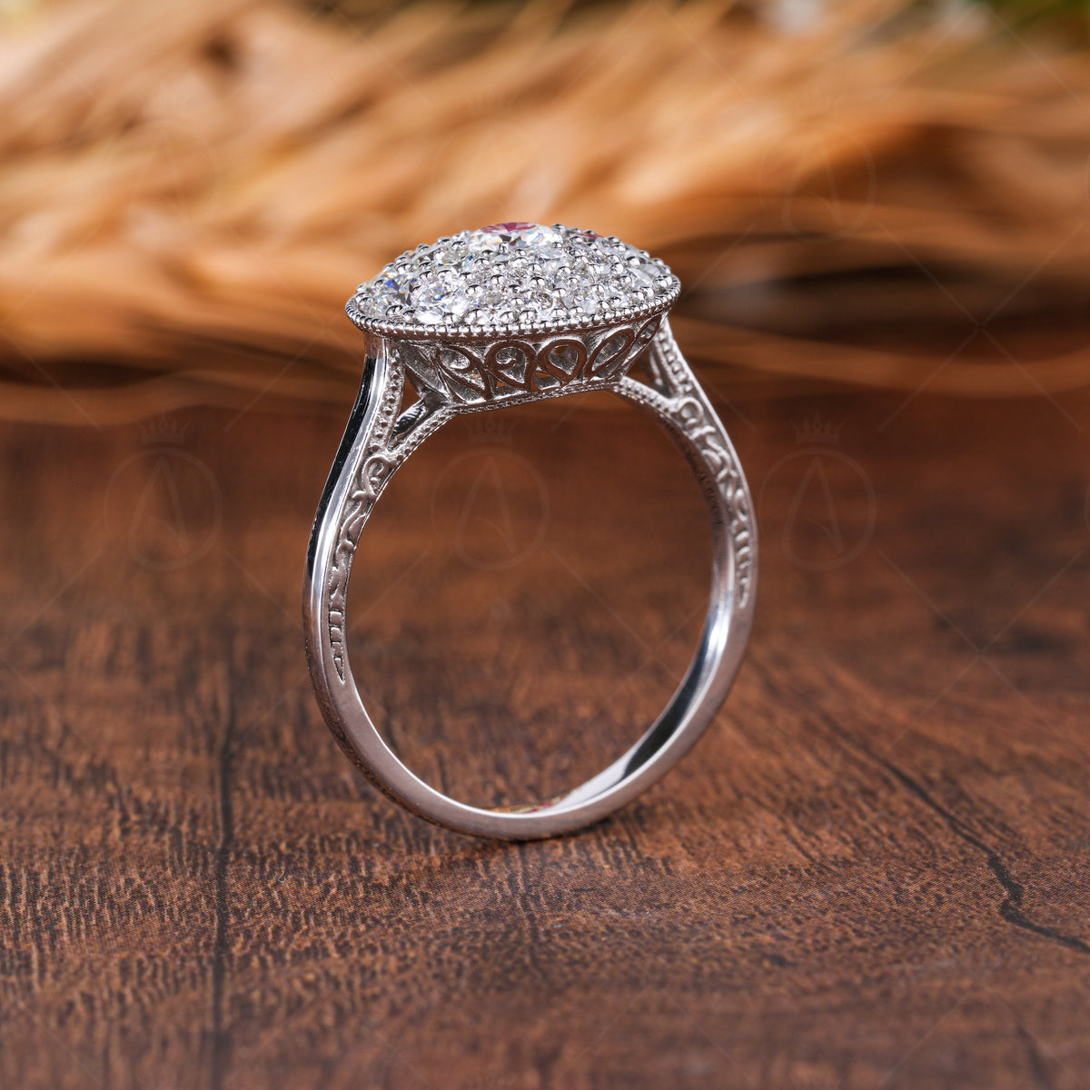 Celebrity Inspired Vintage Cluster Engagement Ring