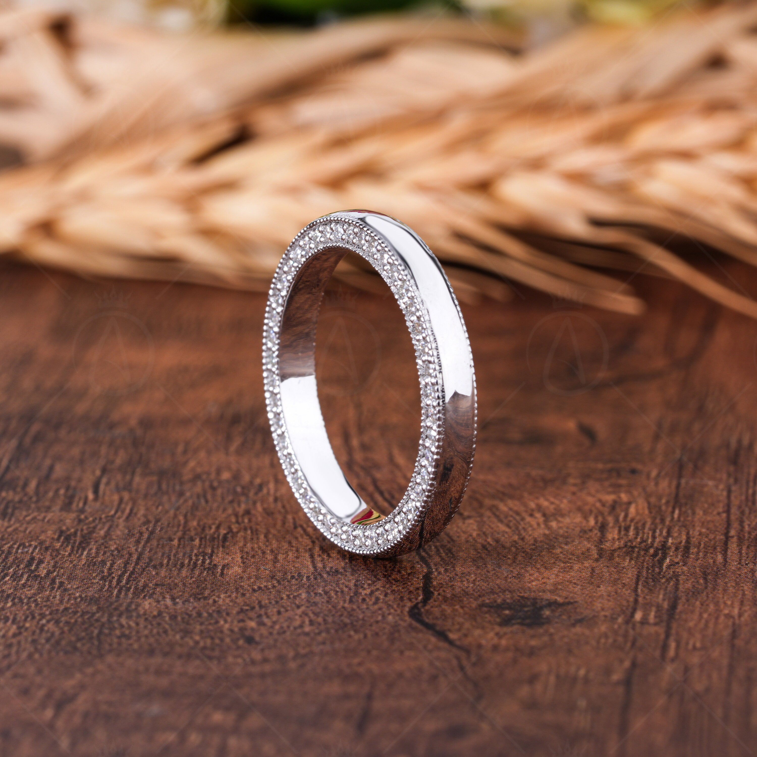 Flat Wedding Band With Moissanite Diamond Two Sided Pave Stackable Rings Moissanite Double Row Anniversary Band For Women