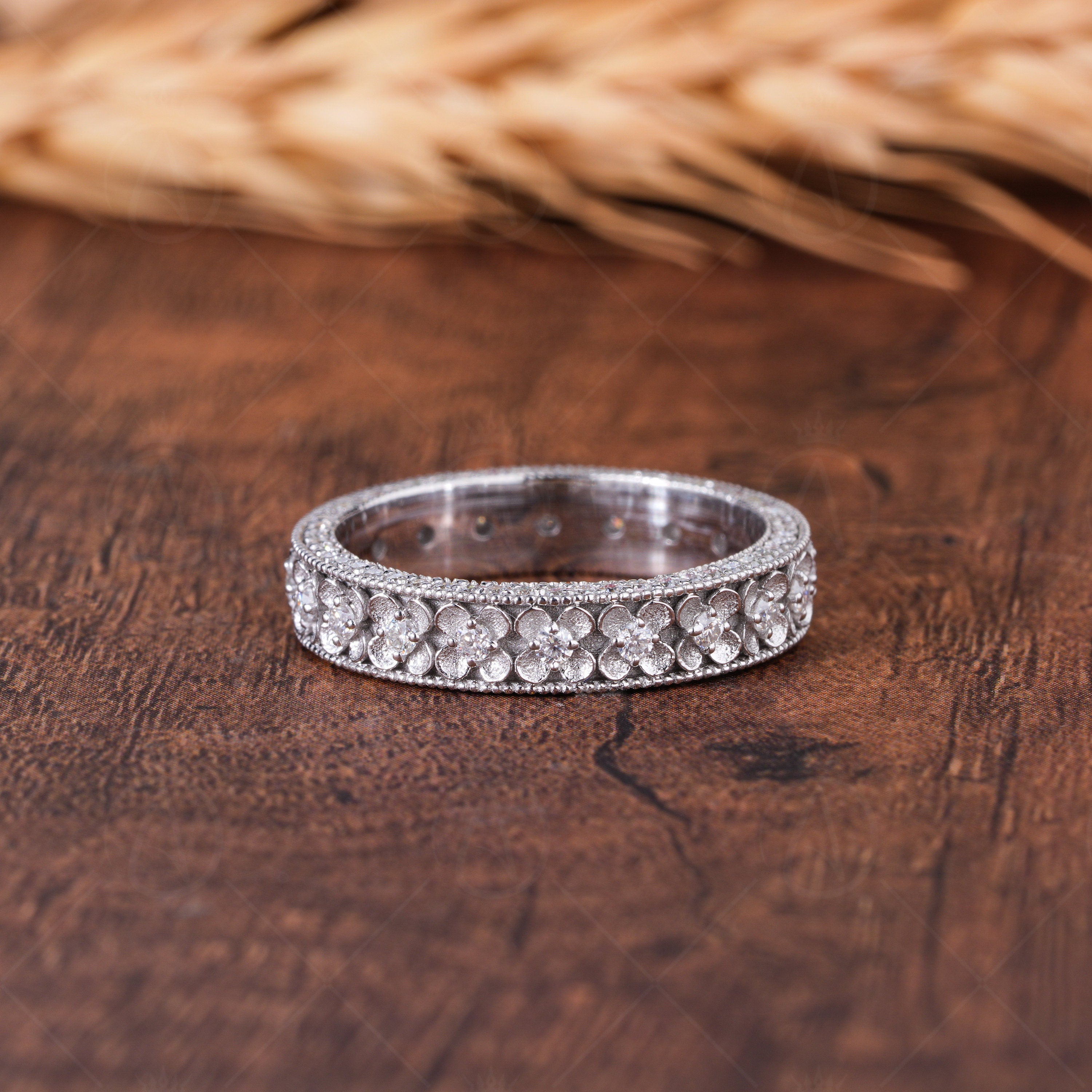 Carved Flower Antique Wedding Band Double Sided Pave Moissanite Band Unique Filigree Flower Eternity Band Vintage Milgrain Band For Women Floral Anniversary Band Unique Promise Ring For Her Wide Stackable Ring Moissanite Statement Ring
