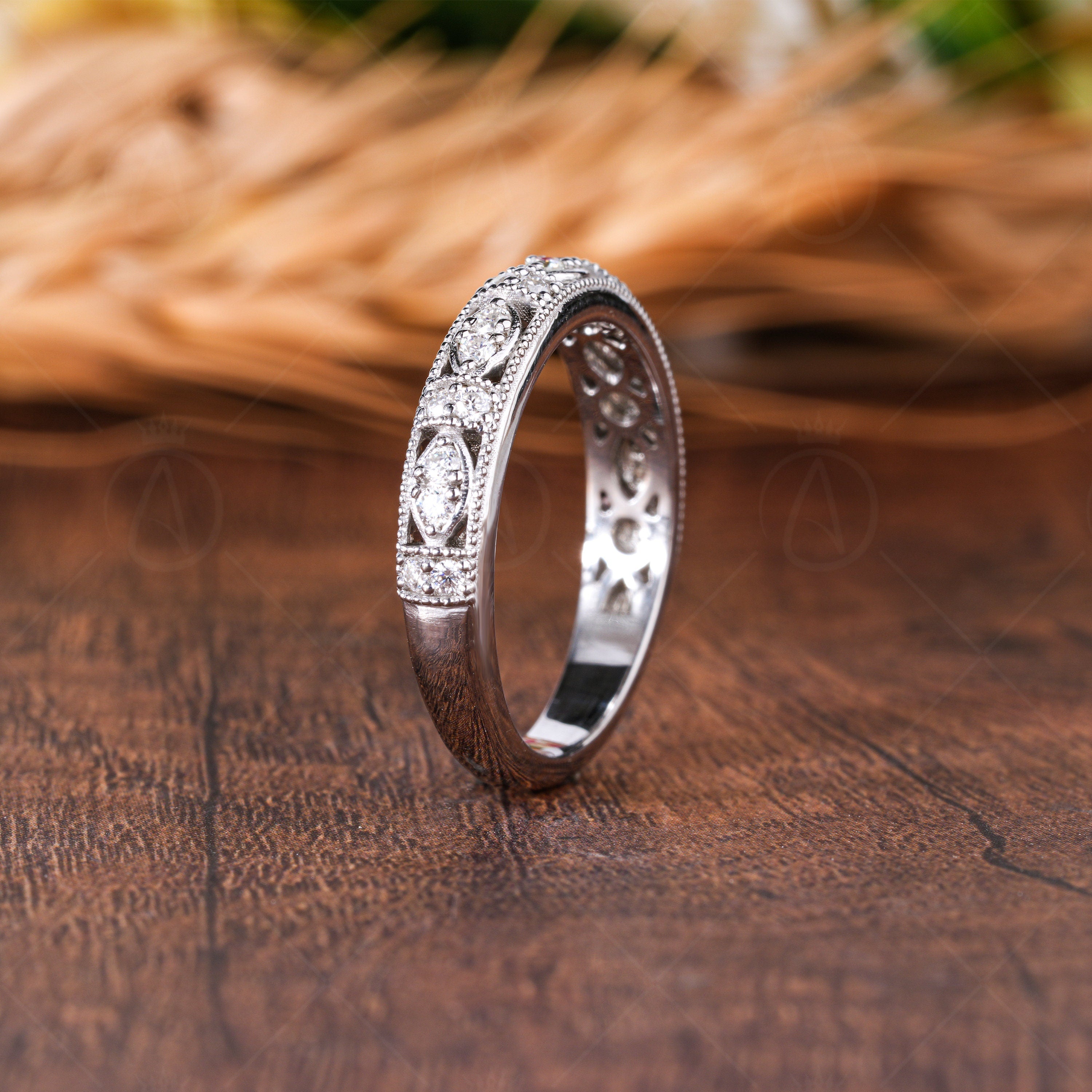 Art Deco Vintage Wedding Bands Women Milgrain Vintage Matching Band Unique White Gold Anniversary Band Moissanite Wide Band Promise Ring