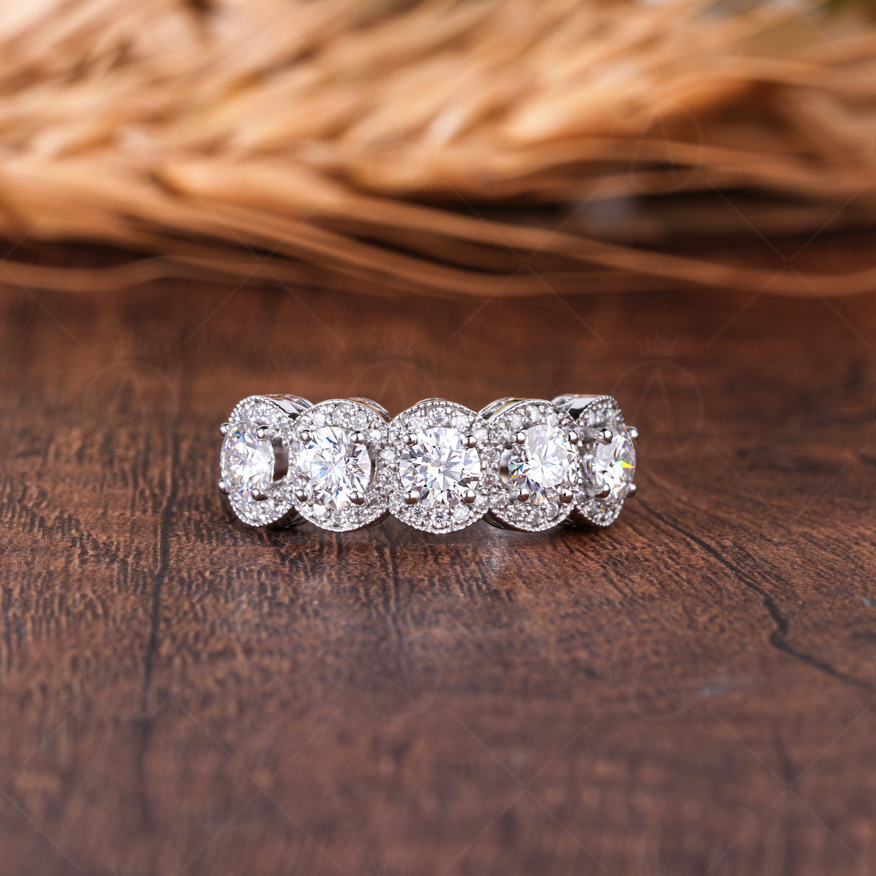 Five Round Moissanite Halo Wedding Band, 5 Stones Halo Anniversary Rings For Women, Unique Promise Ring For Her, 14K White Gold Band