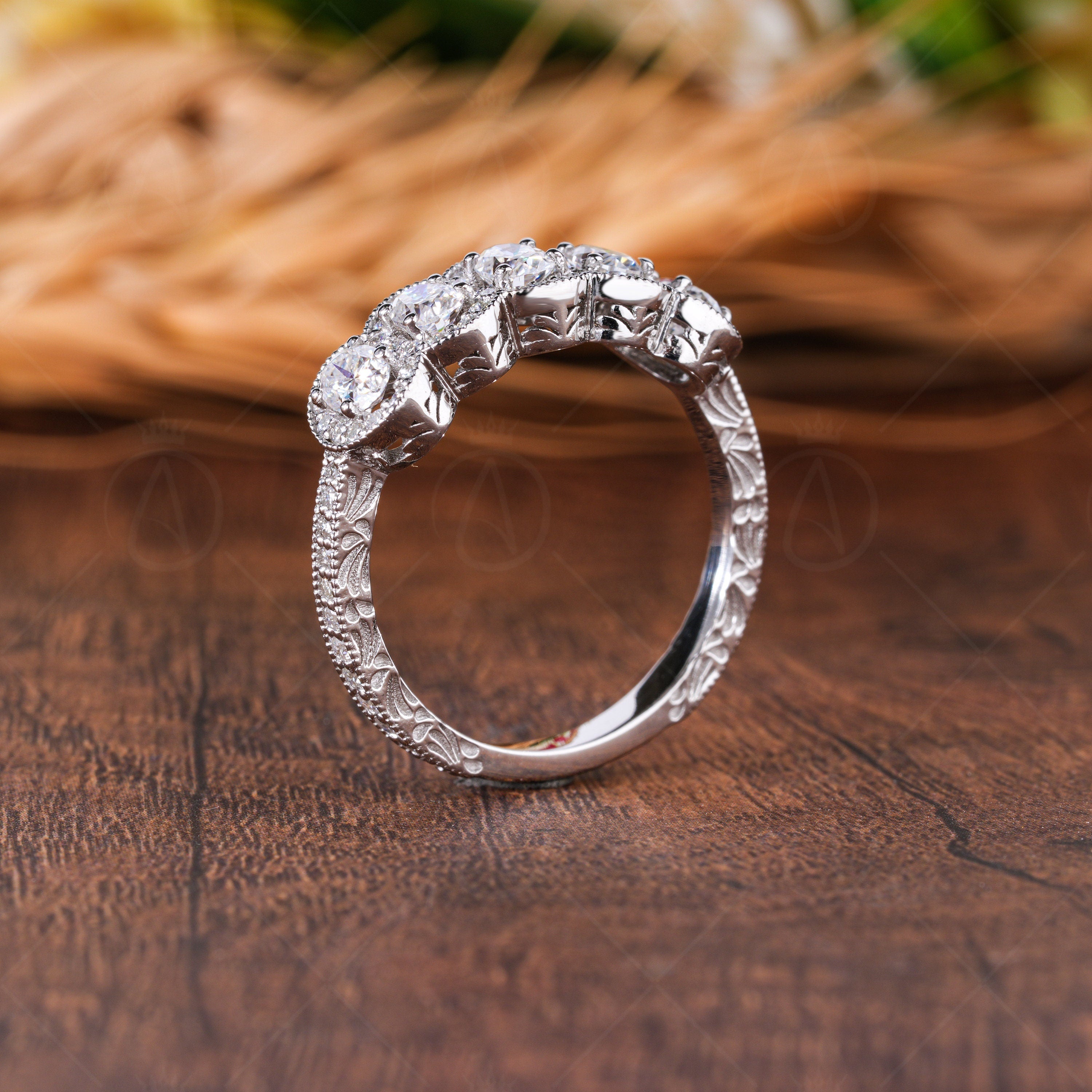 Antique Filigree Oval Anniversary Band Carved Moissanite Oval Halo Wedding Band Five Stone Moissanite Band Unique Promise Rings For Women