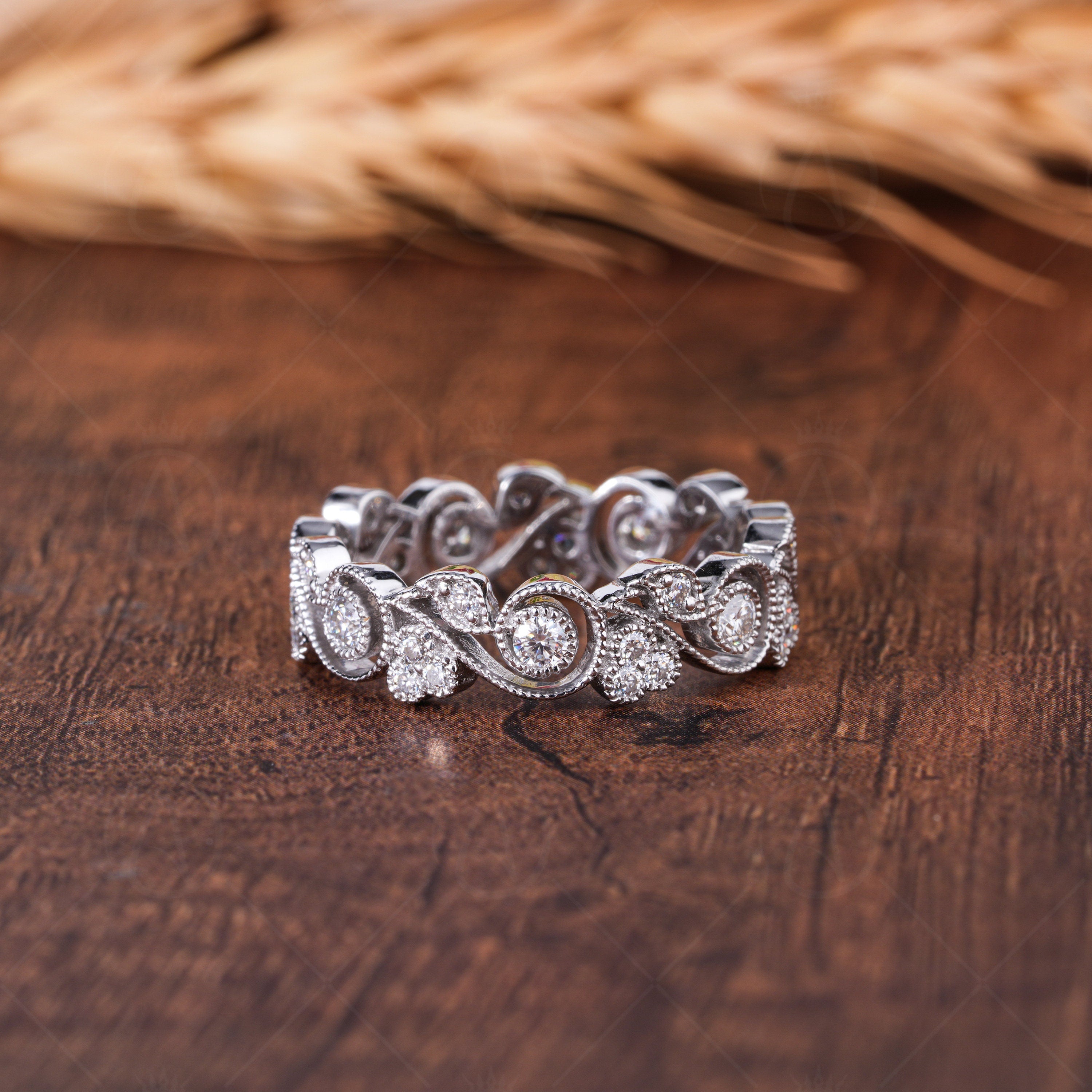 Vintage Filigree Wedding Bands Women Unique Milgrain Full Eternity Band Art Deco Anniversary Band White Gold Moissanite Band Ring