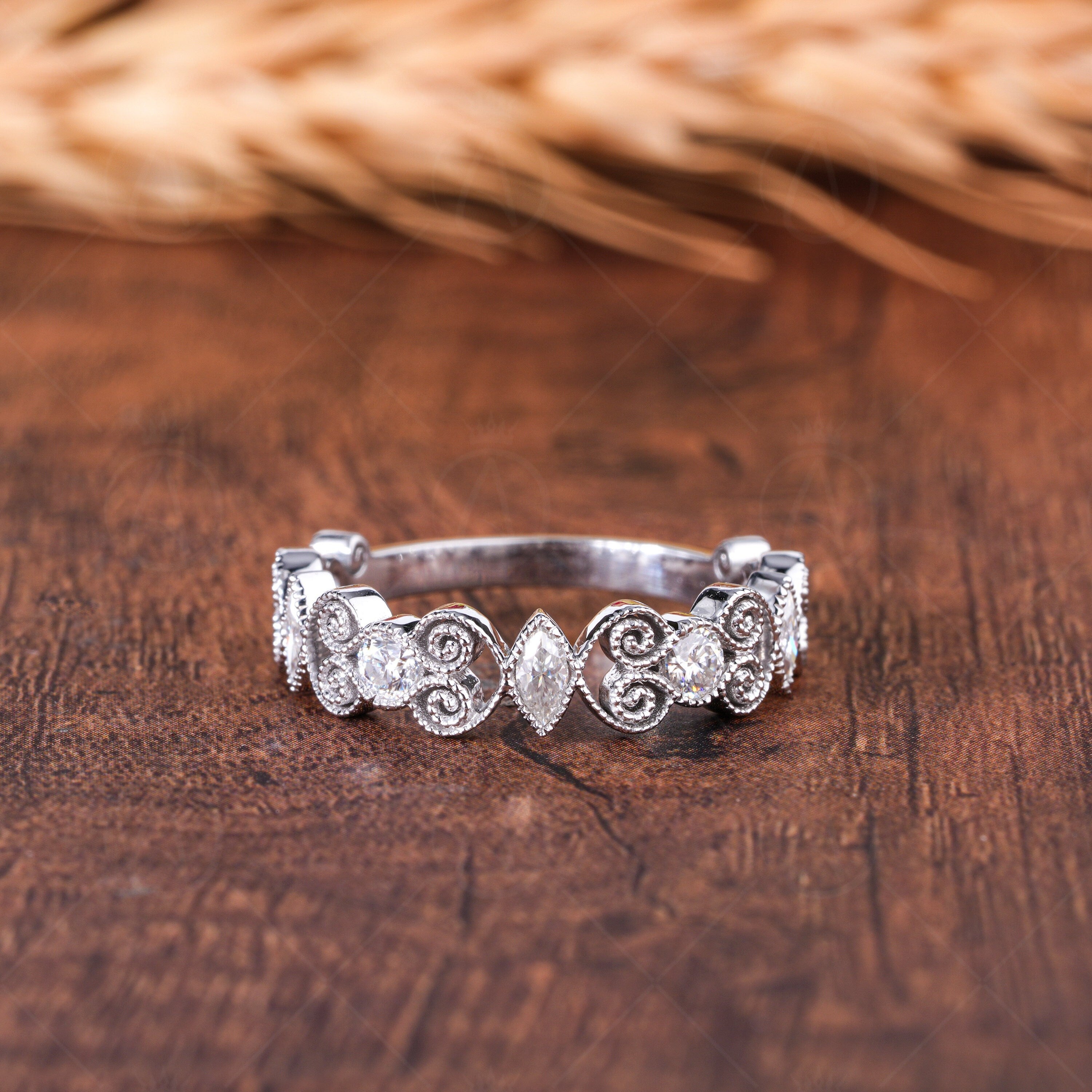 Filigree Wedding Band For Women Milgrain Vintage Anniversary Ring Unique Art Deco White Gold Ring Moissanite Wide Promise Band