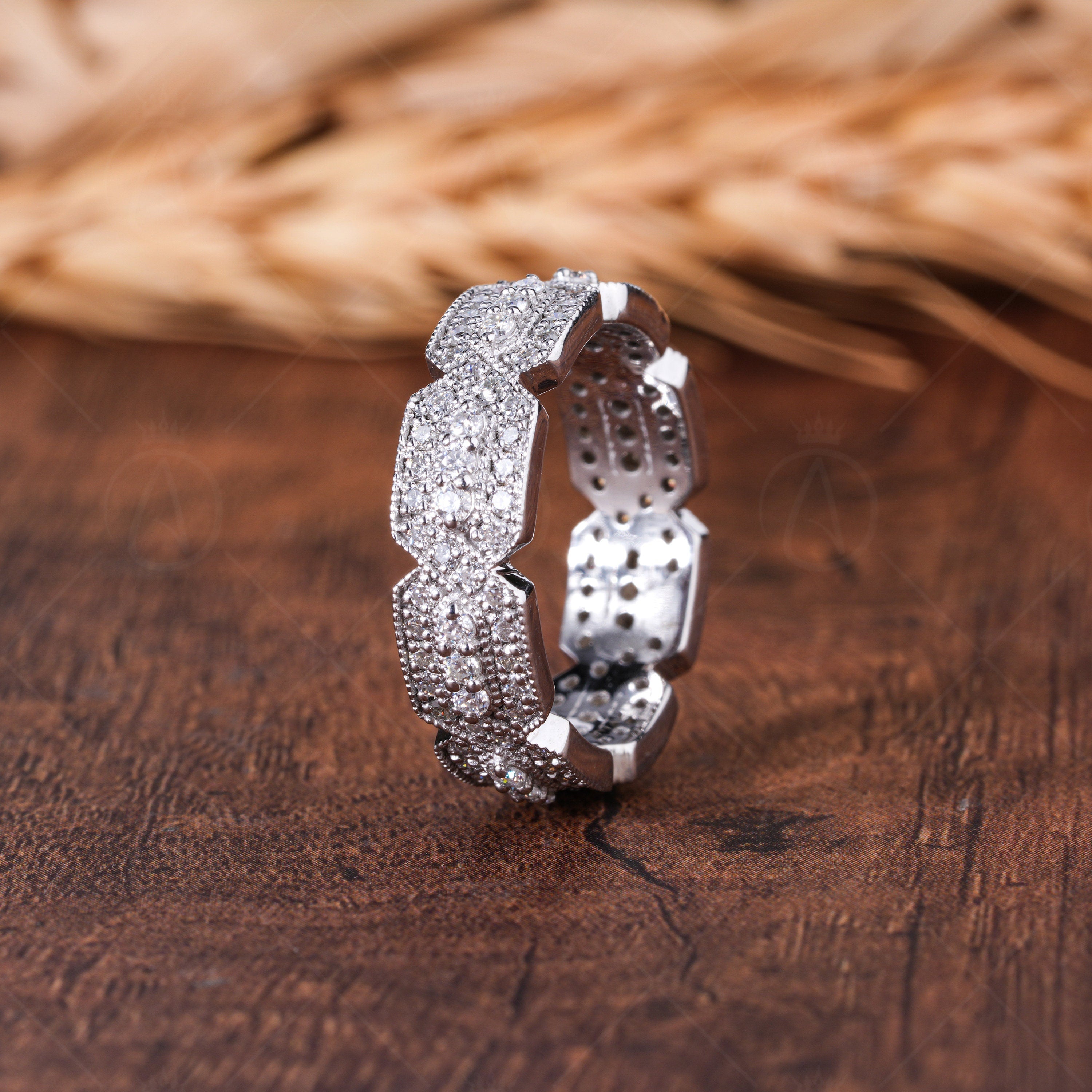 Unique Moissanite Full Eternity Wedding Bands Women Wide Vintage Milgrain Band Ring Designer Anniversary Ring Promise Ring For Her