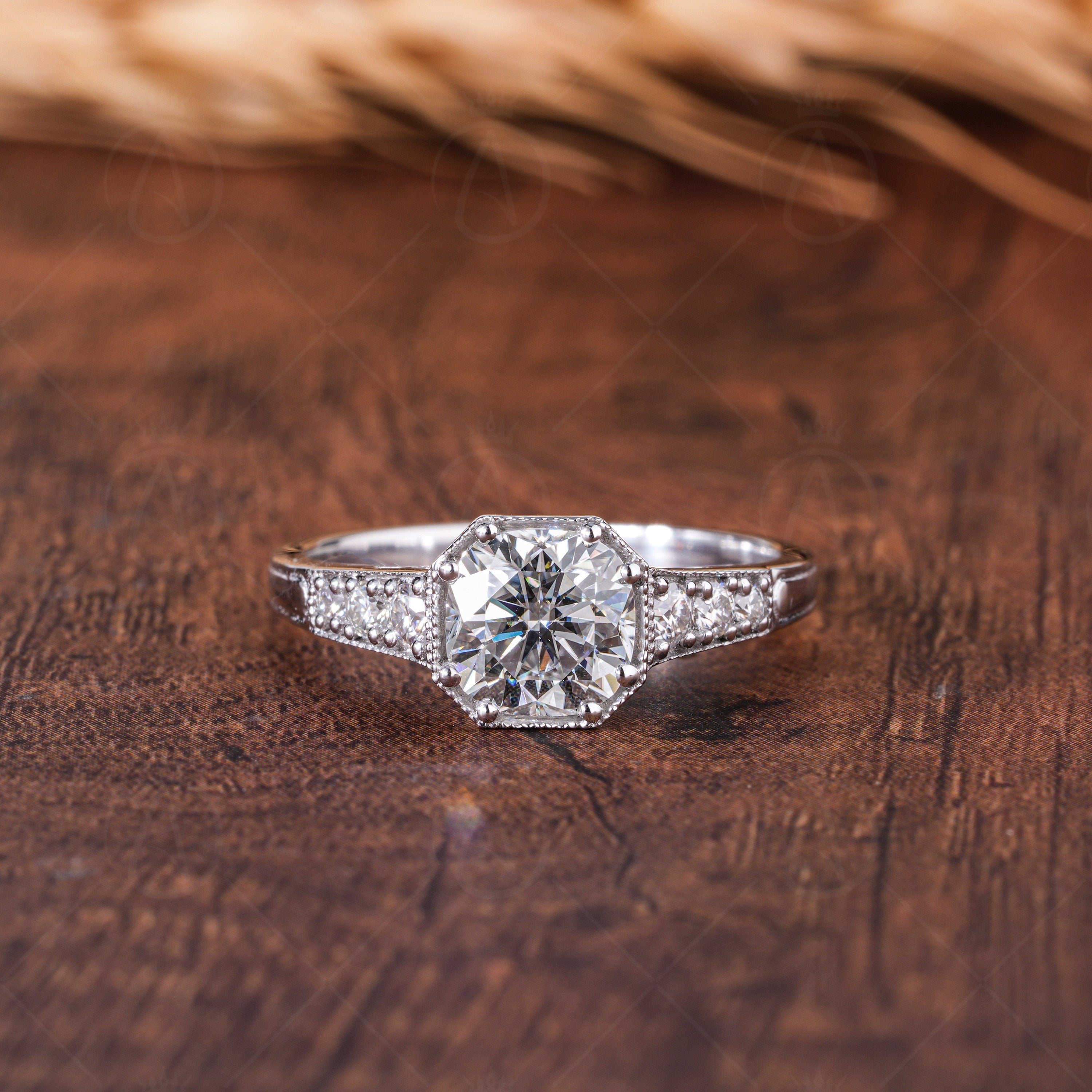 1.5Ct Cushion Cut Moissanite Art Deco Engagement Ring Unique Promise Rings For Women Colorless Moissanite Vintage Ring For Her