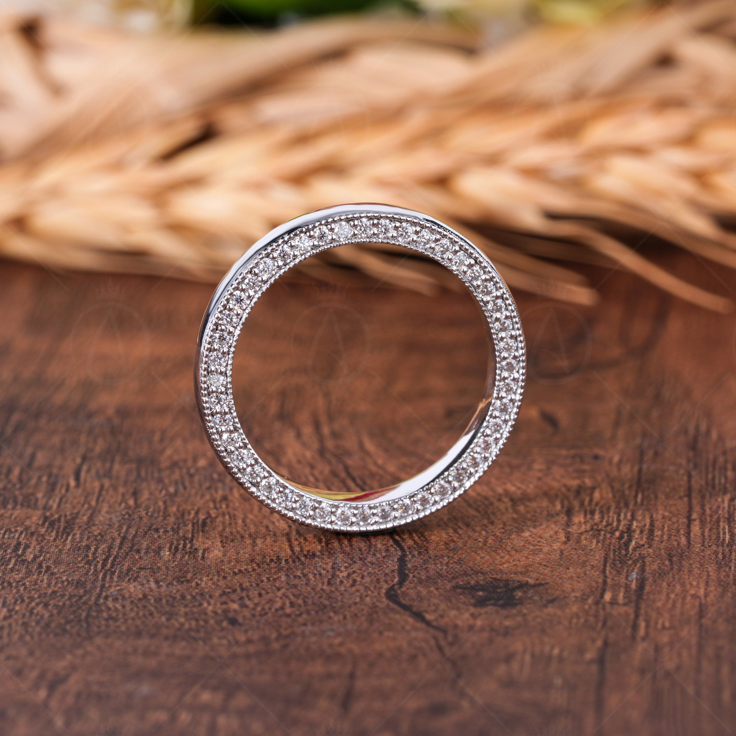 Flat Wedding Band With Moissanite Diamond Two Sided Pave Stackable Rings Moissanite Double Row Anniversary Band For Women