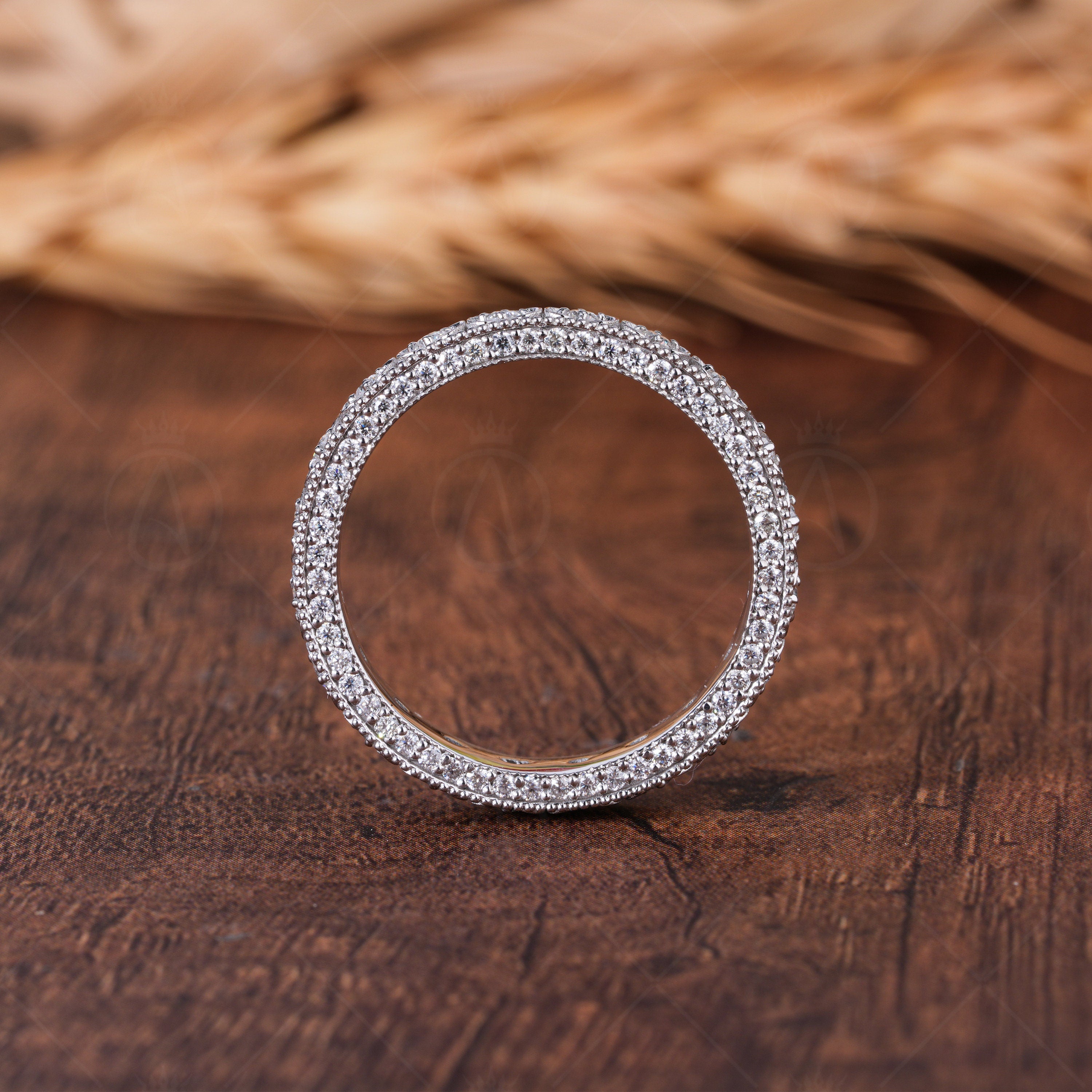 Carved Flower Antique Wedding Band Double Sided Pave Moissanite Band Unique Filigree Flower Eternity Band Vintage Milgrain Band For Women Floral Anniversary Band Unique Promise Ring For Her Wide Stackable Ring Moissanite Statement Ring