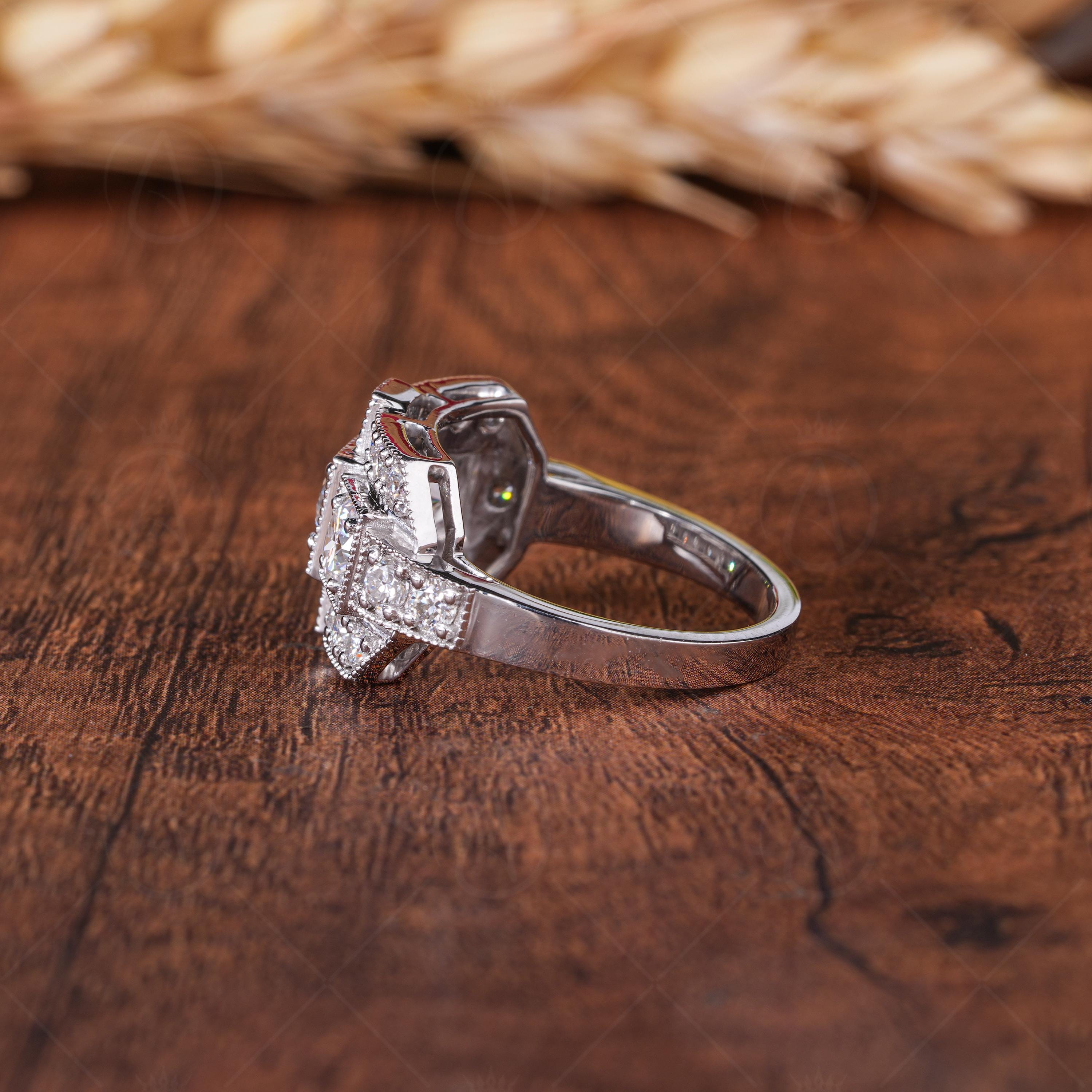 Edwardian Style Moissanite Engagement Ring, Antique Vintage Milgrain Ring For Women, 3 Stone Moissanite Art Deco Ring