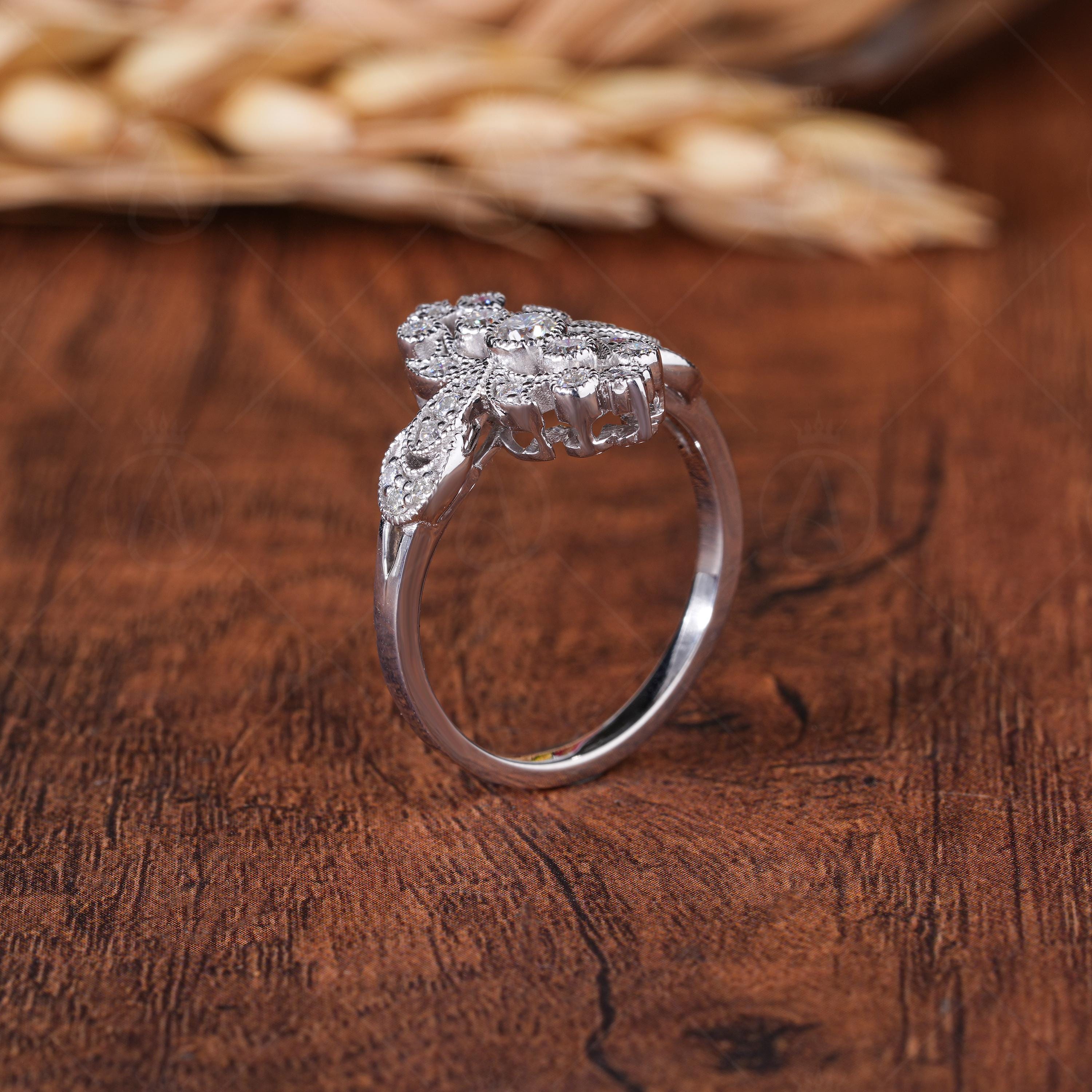 Vintage Filigree Ring For Women, Unique Art Deco Milgrain Engagement Ring, Antique Edwardian Style Statement Ring, Moissanite Ring