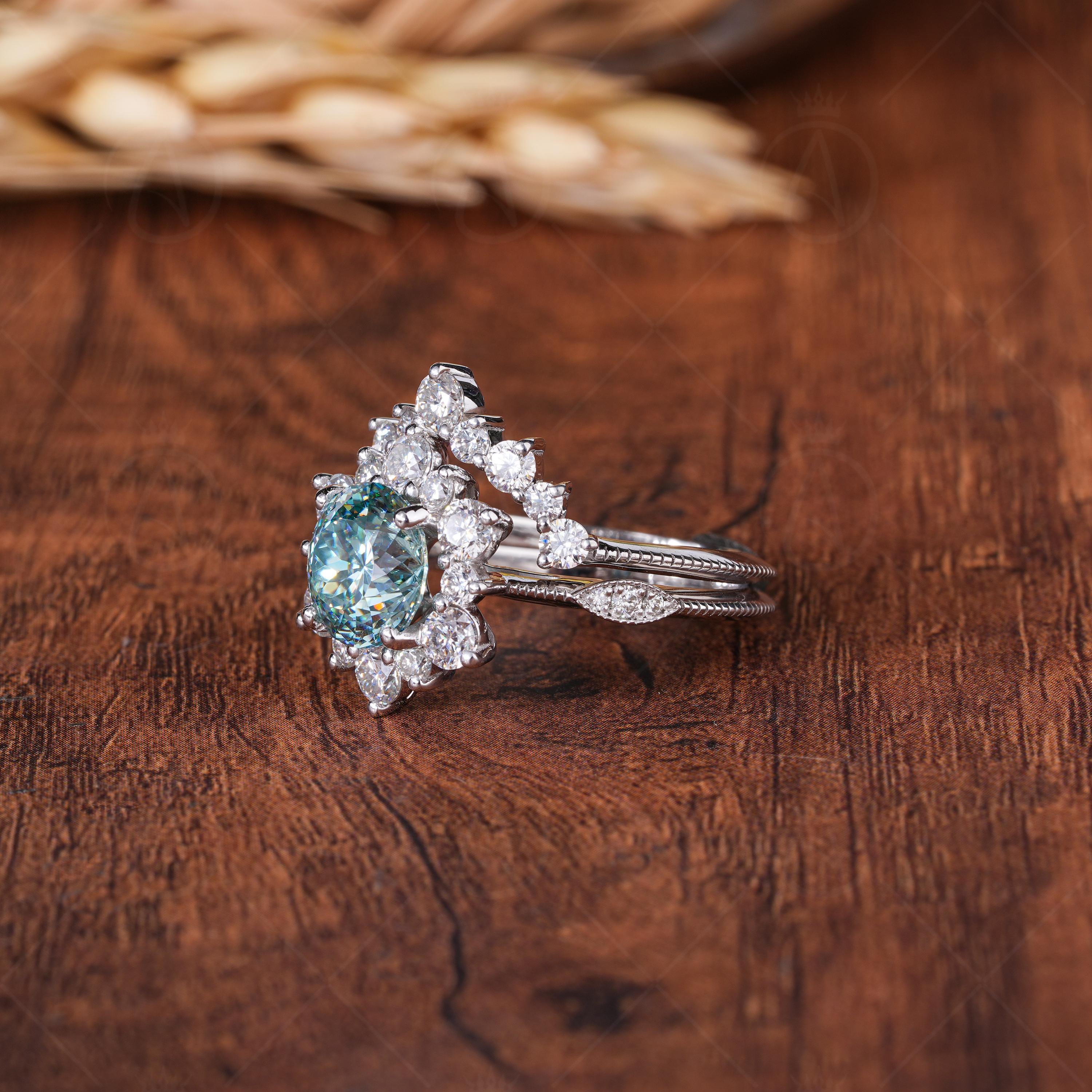 Art Deco Cyan Blue Portuguese Cut Moissanite Wedding Ring Set, Two Piece Bridal Sets For Women, Halo Engagement Ring With Matching Band