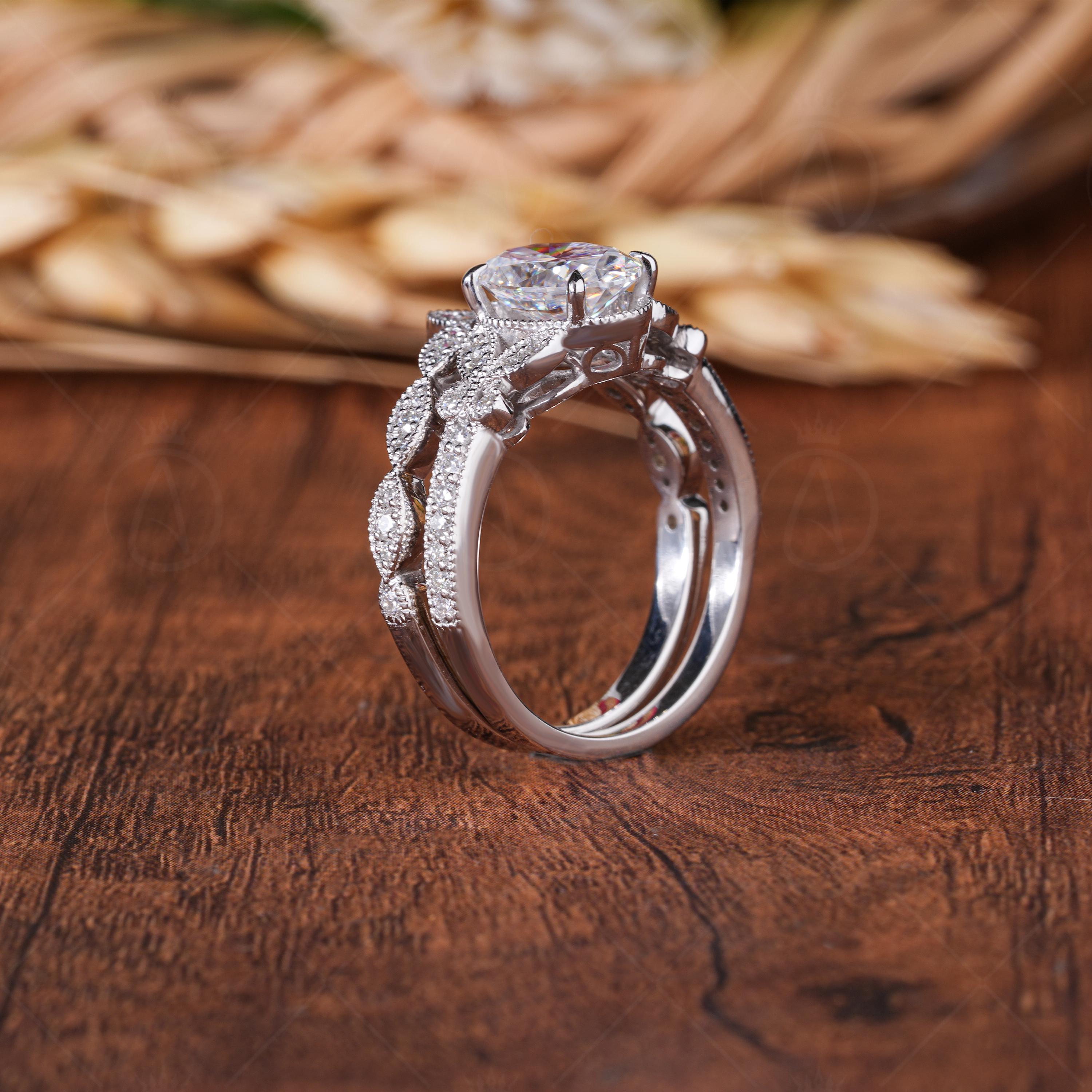 Art Deco Vintage Oval Wedding Bridal Ring Set, Oval Moissanite Vintage Engagement Ring, Vintage Milgrain Ring Sets, Matching Curved Band