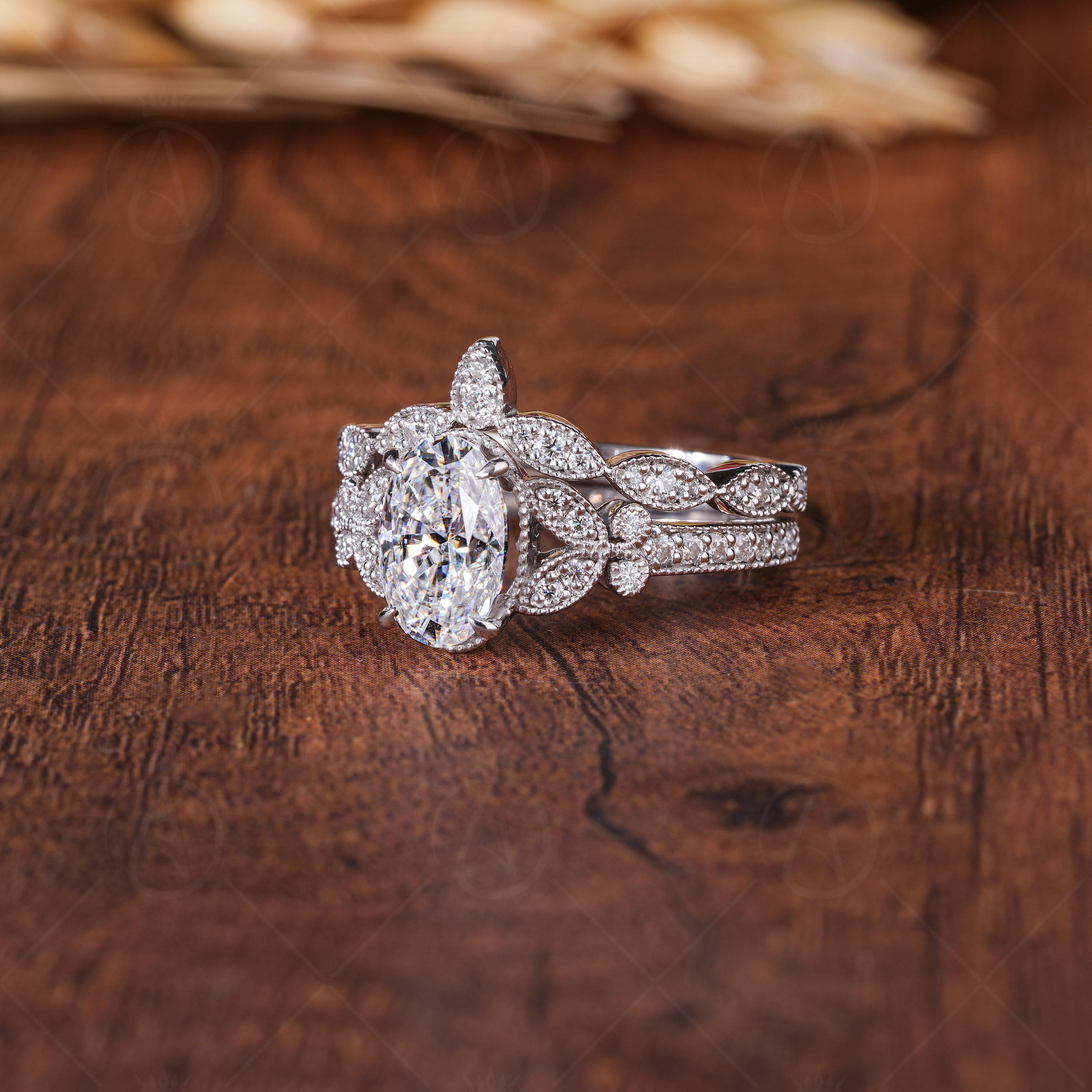 Art Deco Vintage Oval Wedding Bridal Ring Set, Oval Moissanite Vintage Engagement Ring, Vintage Milgrain Ring Sets, Matching Curved Band