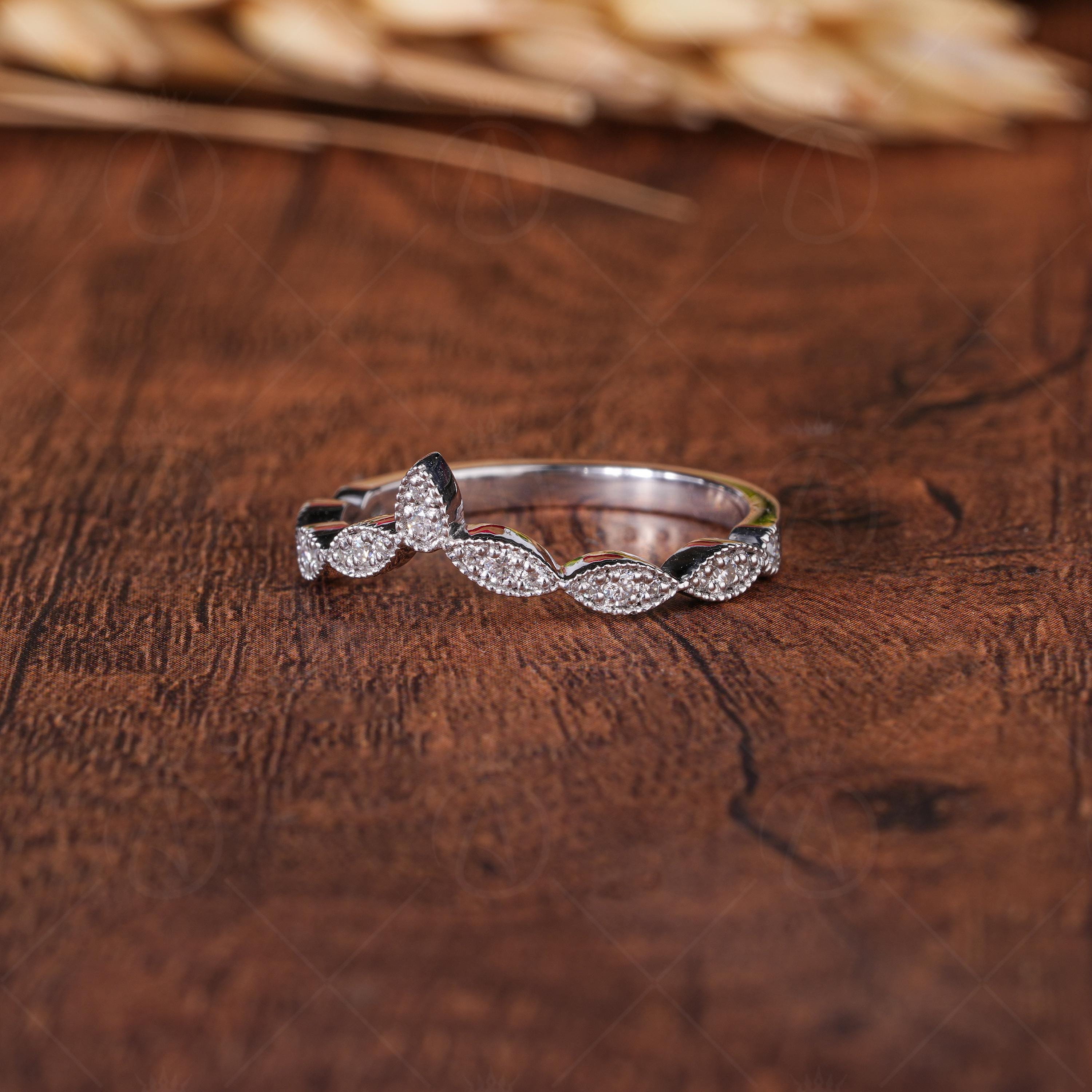 Milgrain Vintage Wedding Band, Moissanite Curved Stacking Band For Womens Ring, Art Deco Matching Band Ring, Bridal Stackable Rings